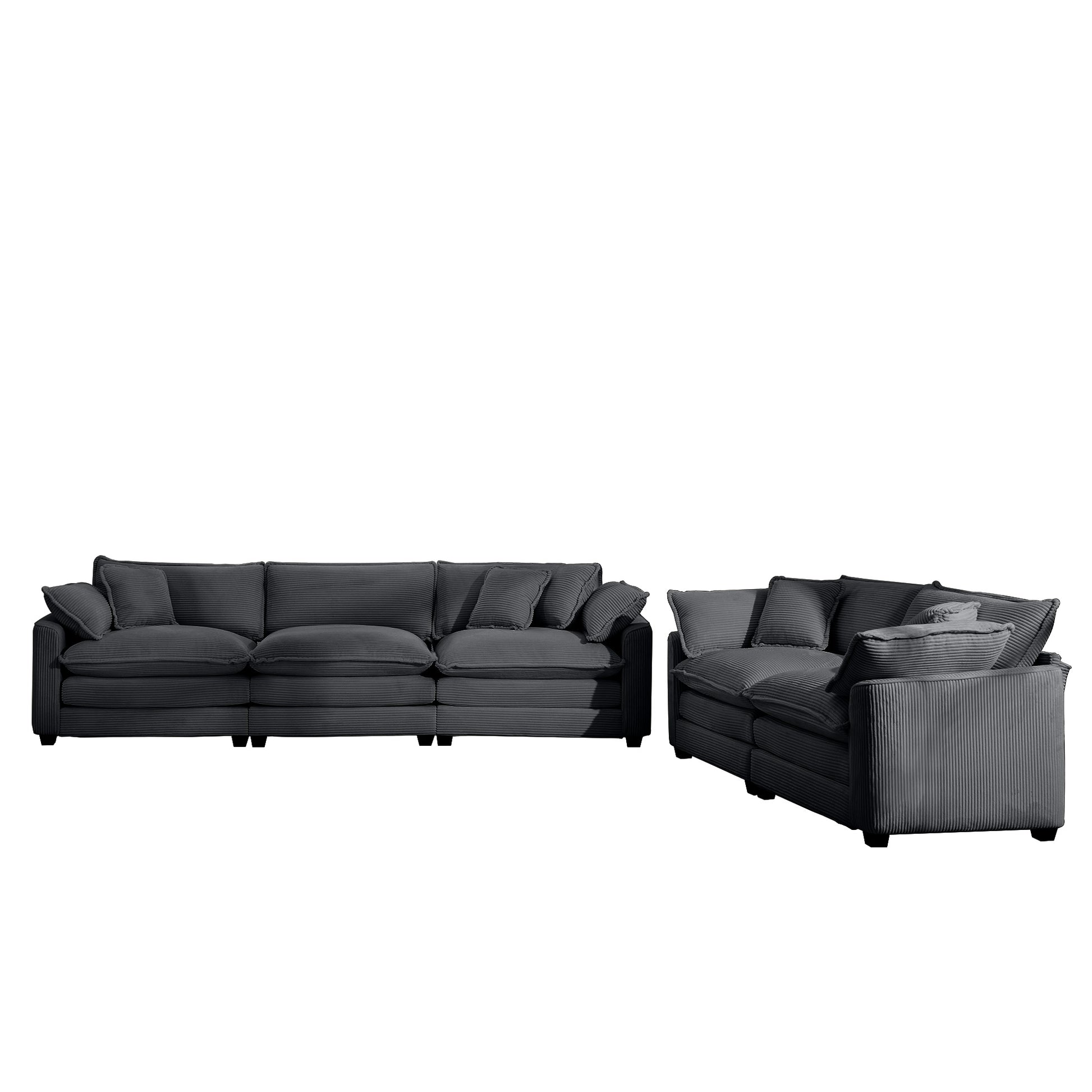 Deep charcoal corduroy sectional sofa with plush cushions and squared arms