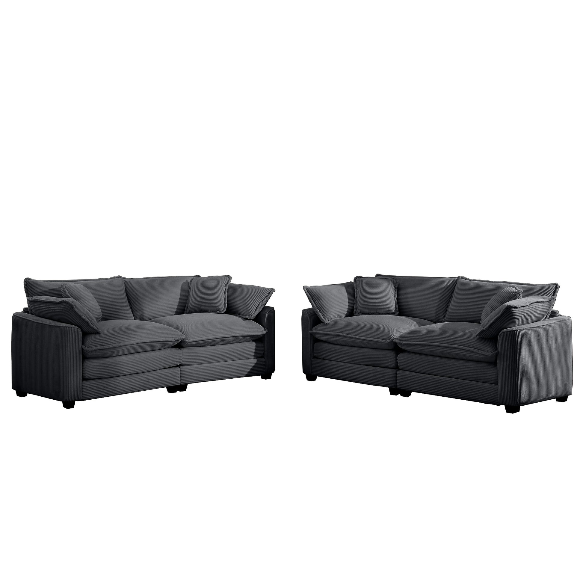 Deep grey corduroy sectional sofa with plush throw pillows modern living room furniture