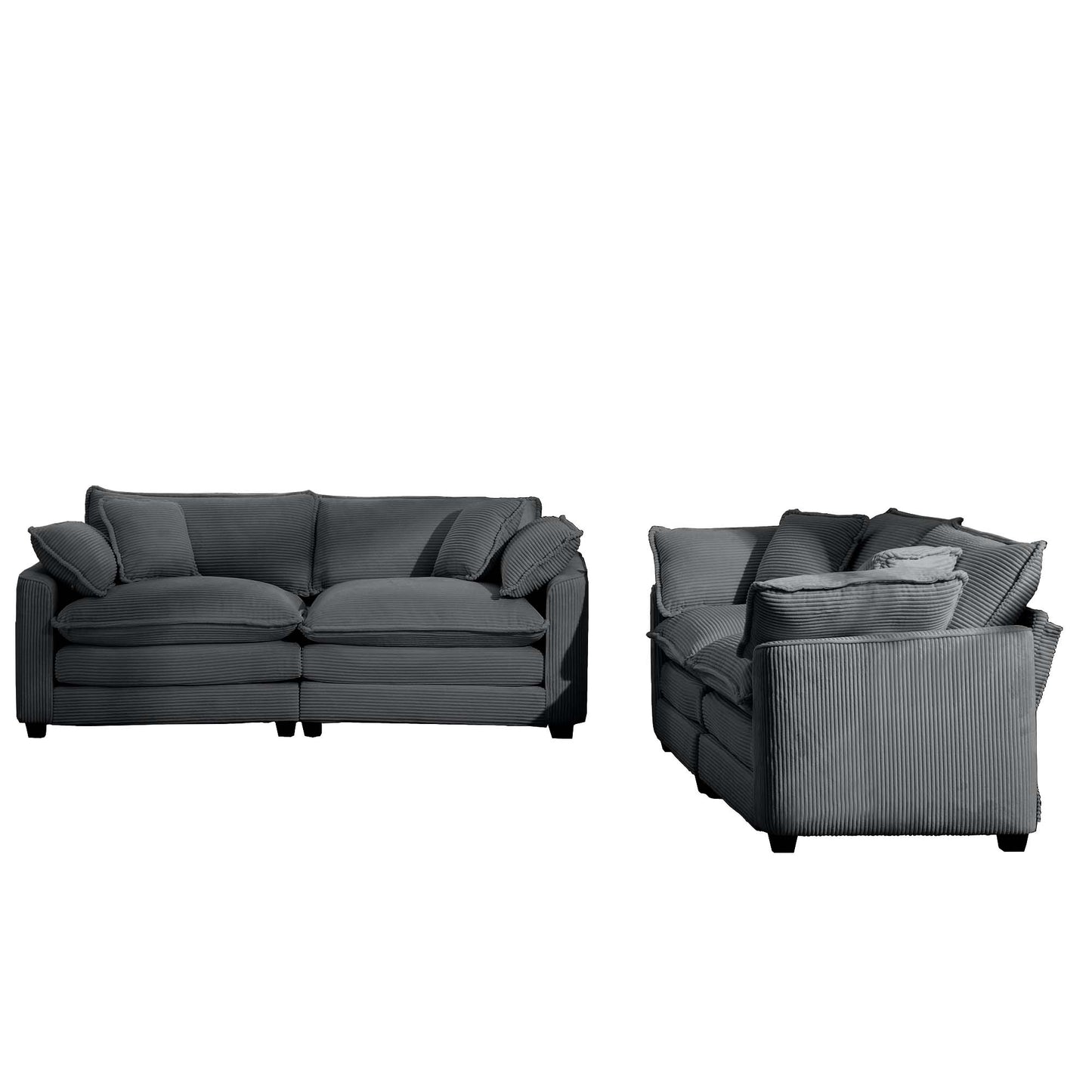 Dark grey corduroy sofa with plush cushions and square legs