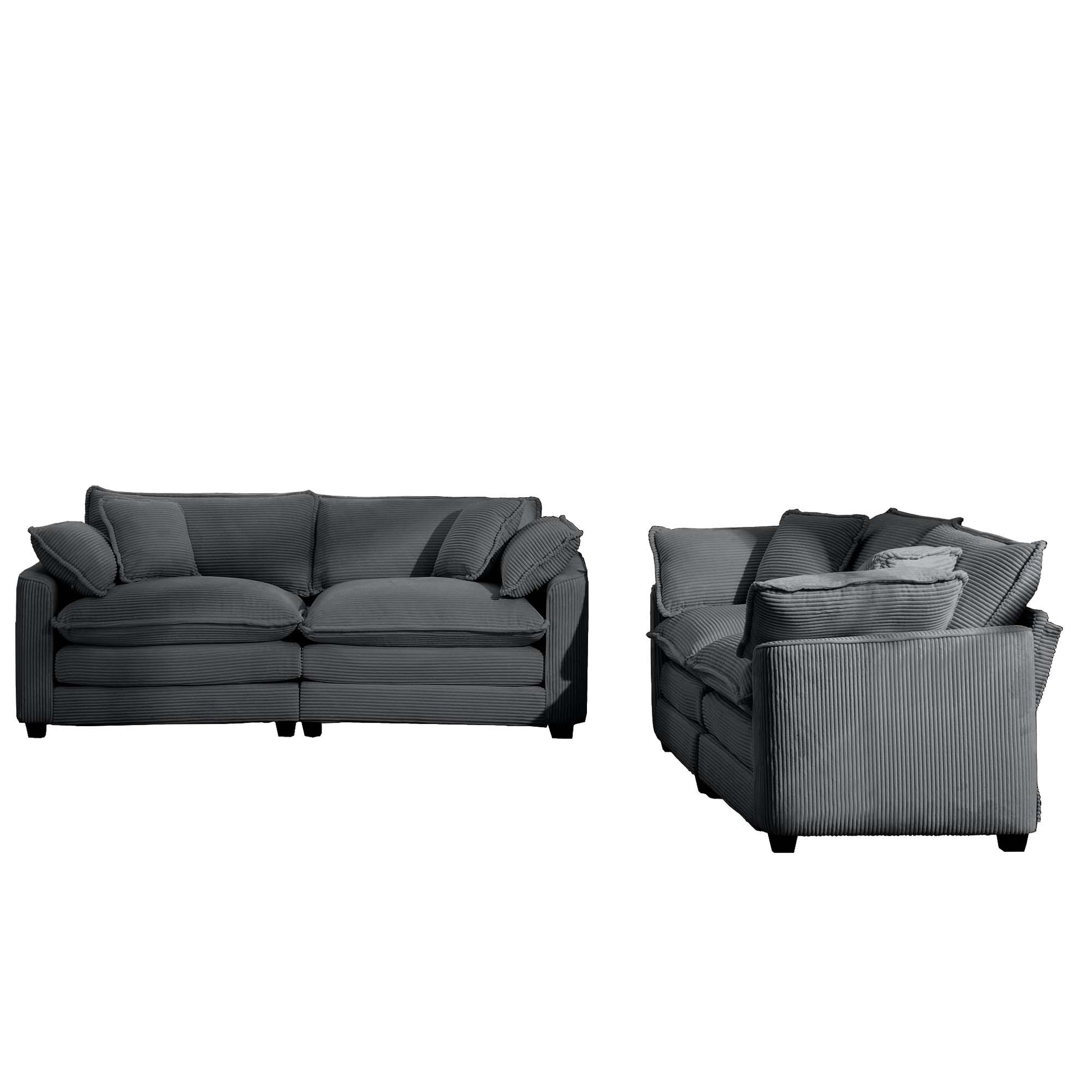 Dark grey corduroy sofa with plush cushions and square legs