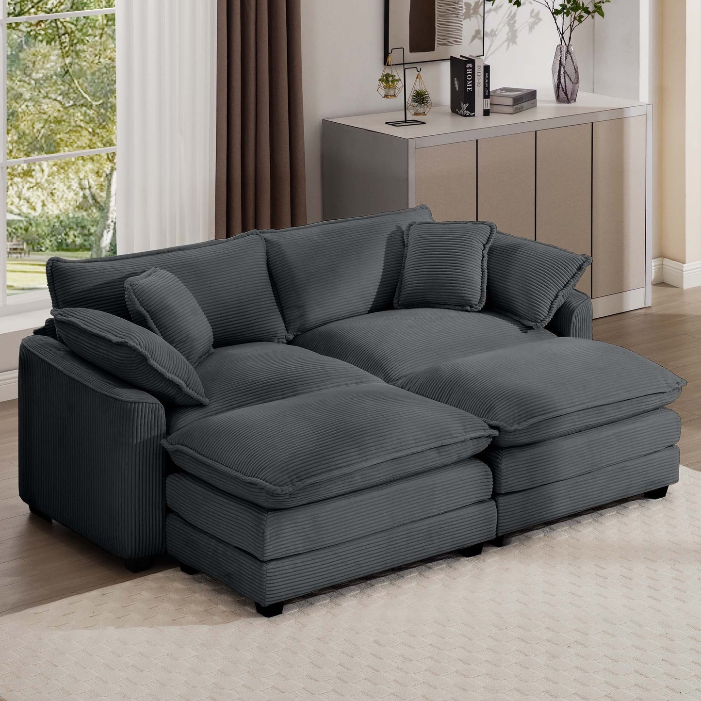 Dark grey corduroy sectional sofa with plush cushions and accent pillows ideal for modern living rooms