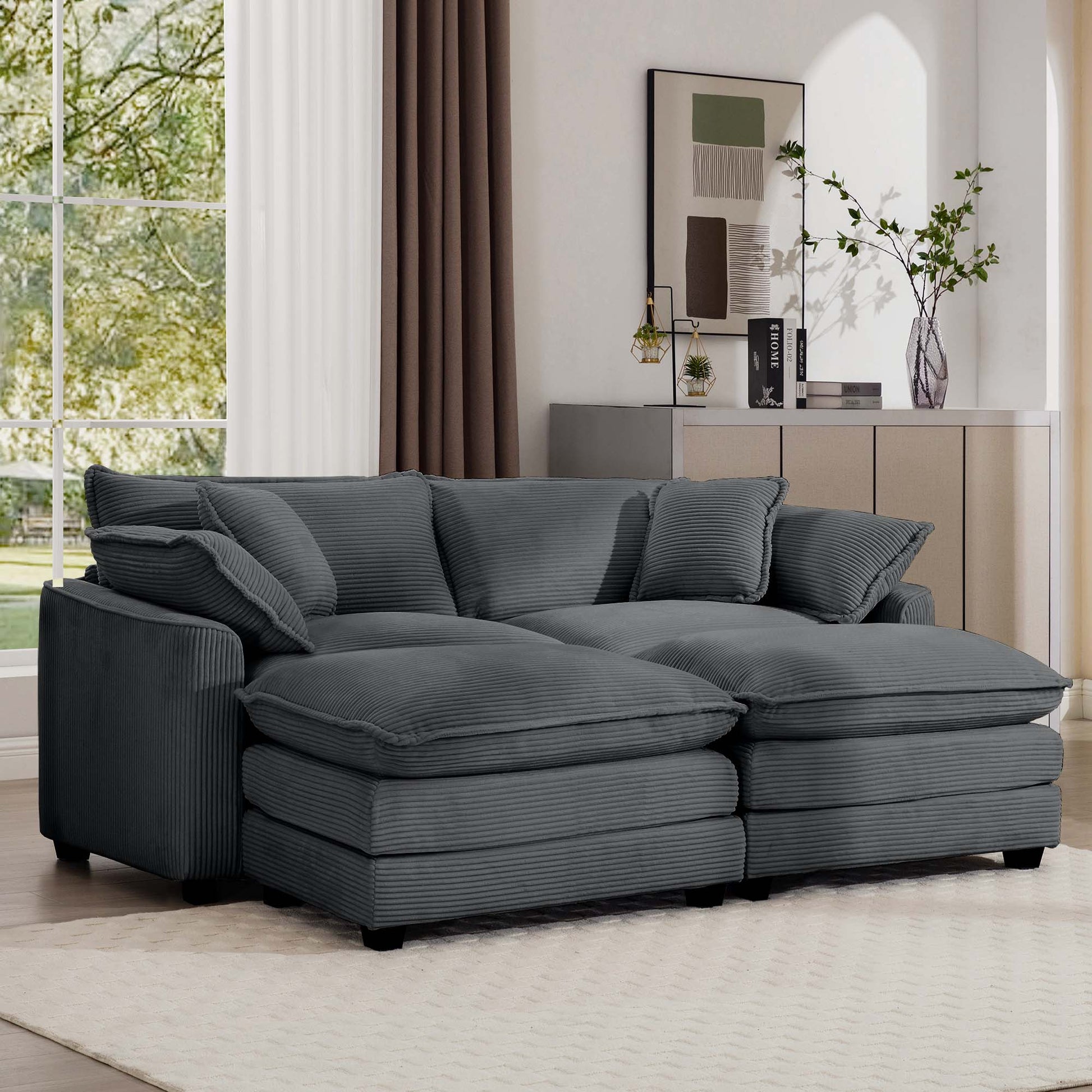 Plush charcoal corduroy sectional sofa with deep seats and soft cushions
