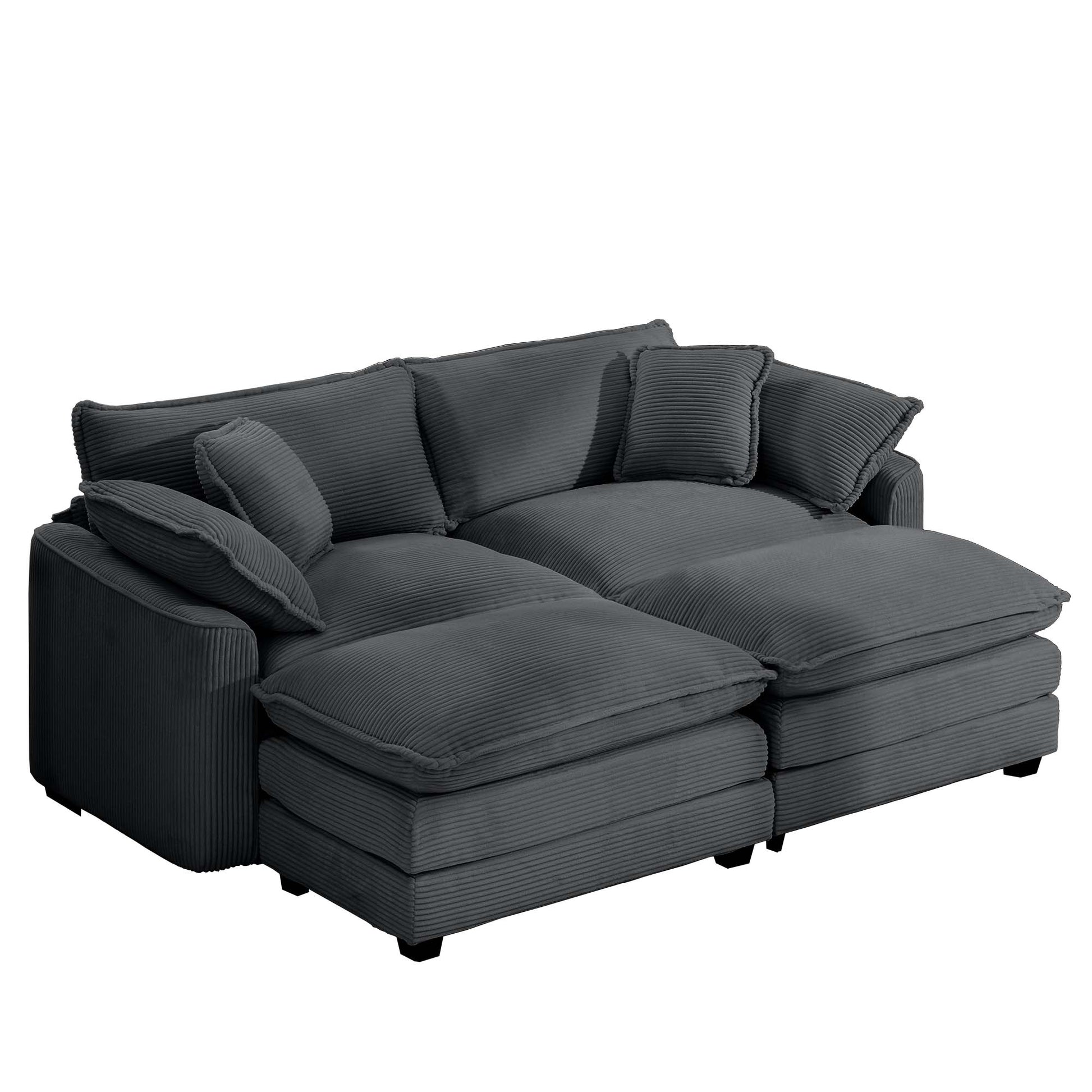 Dark grey corduroy sectional sofa with plush cushions and chaise