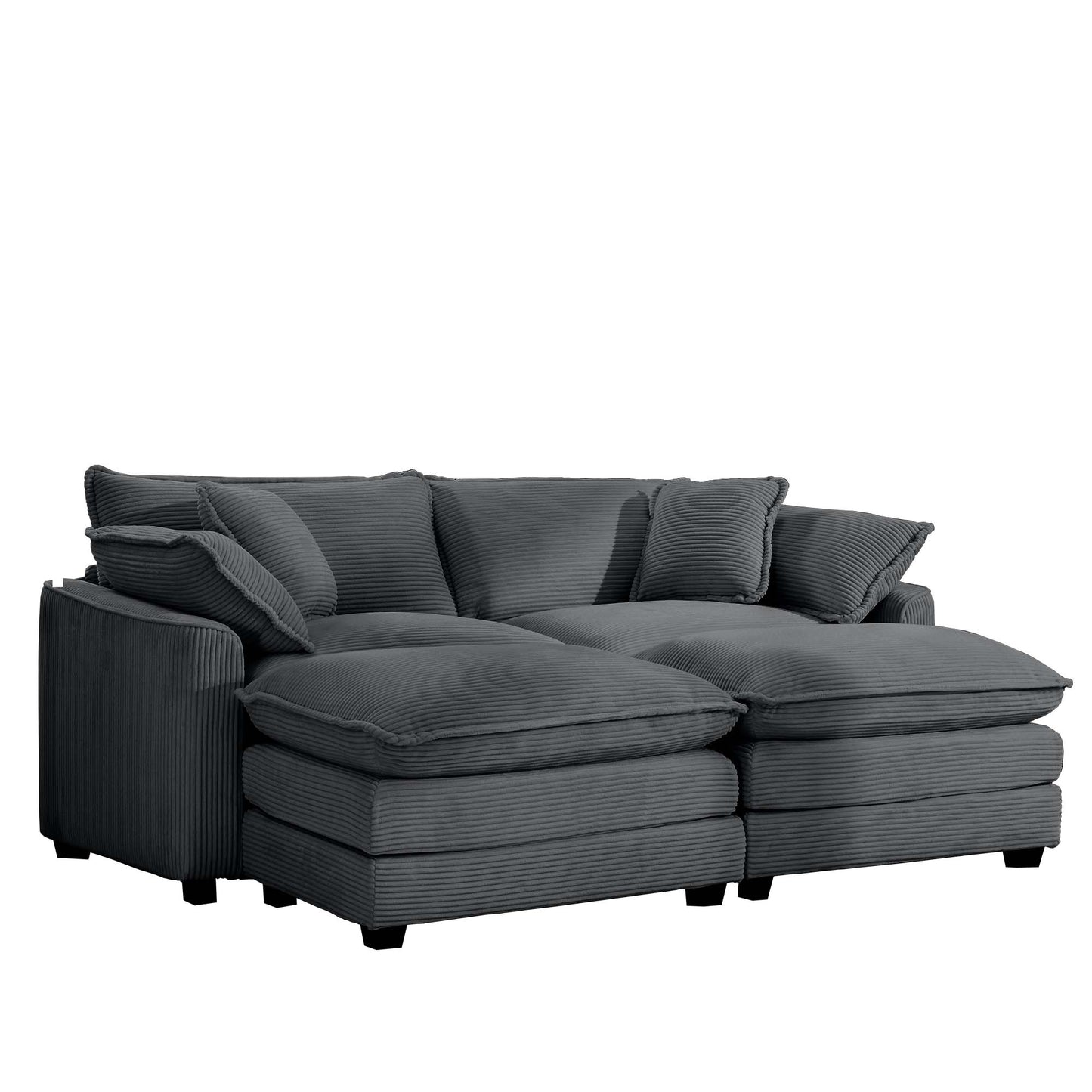 Plush gray corduroy sectional sofa with deep seating and multiple cushions