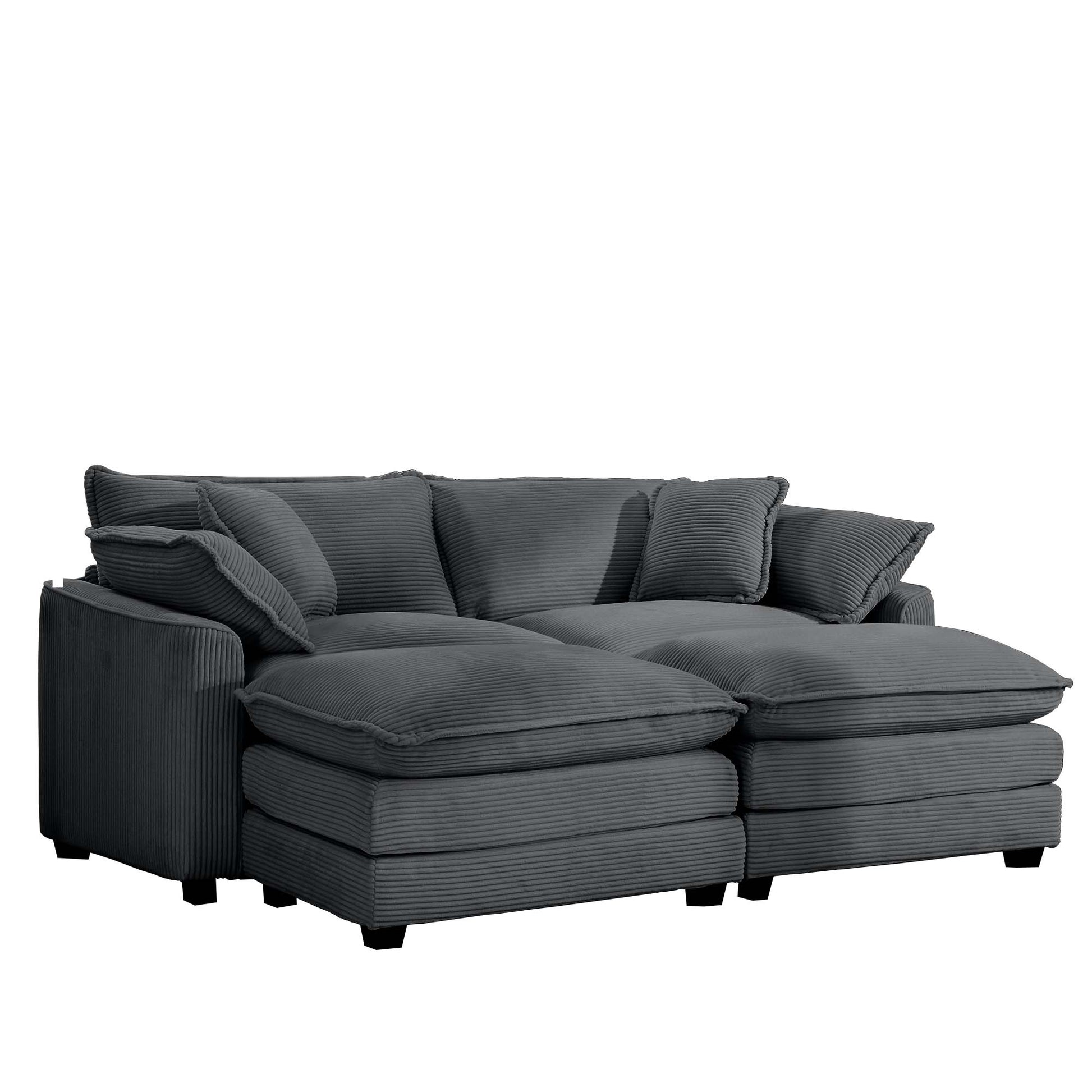 Plush gray corduroy sectional sofa with deep seating and multiple cushions
