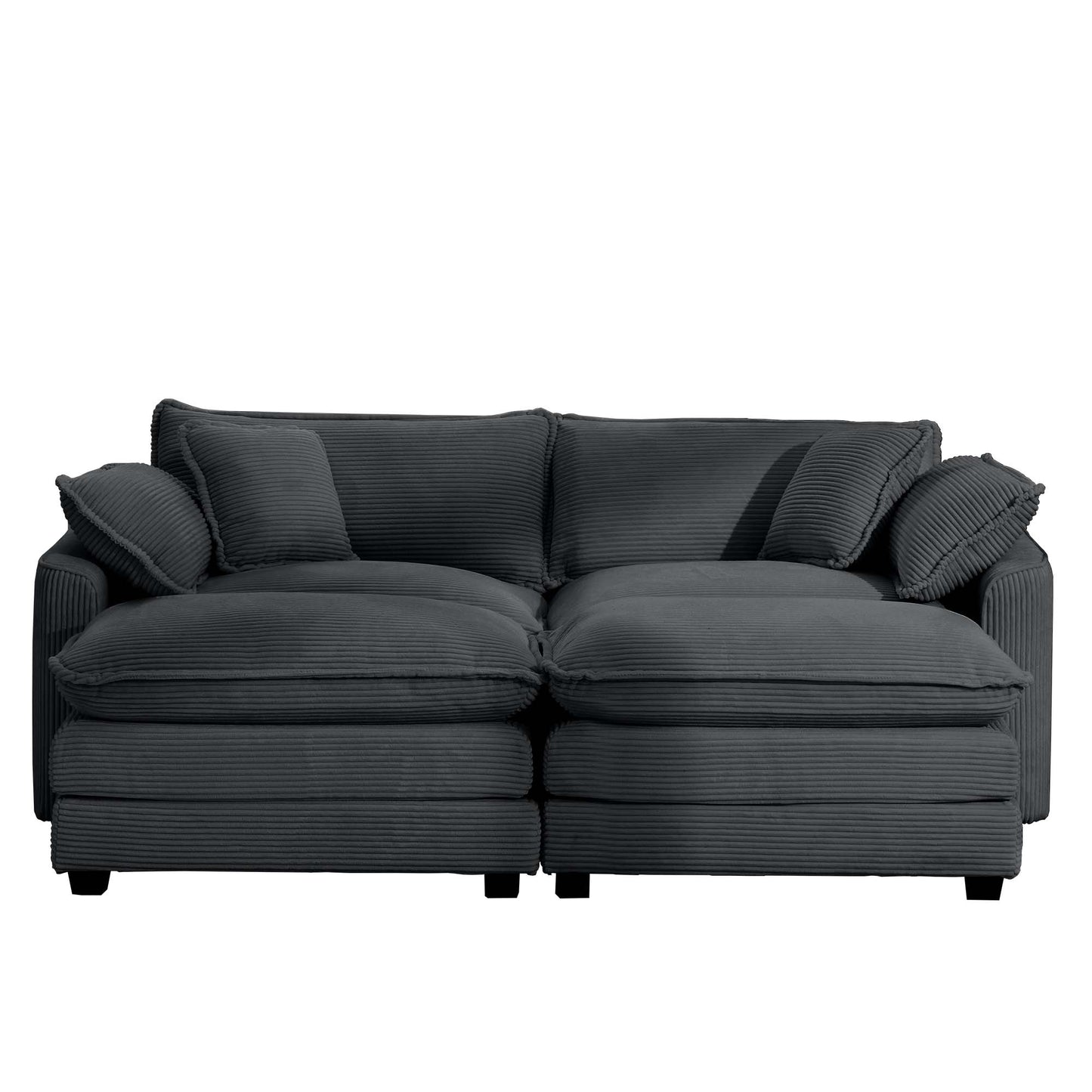 Deep charcoal grey corduroy sofa with plush cushions and removable covers