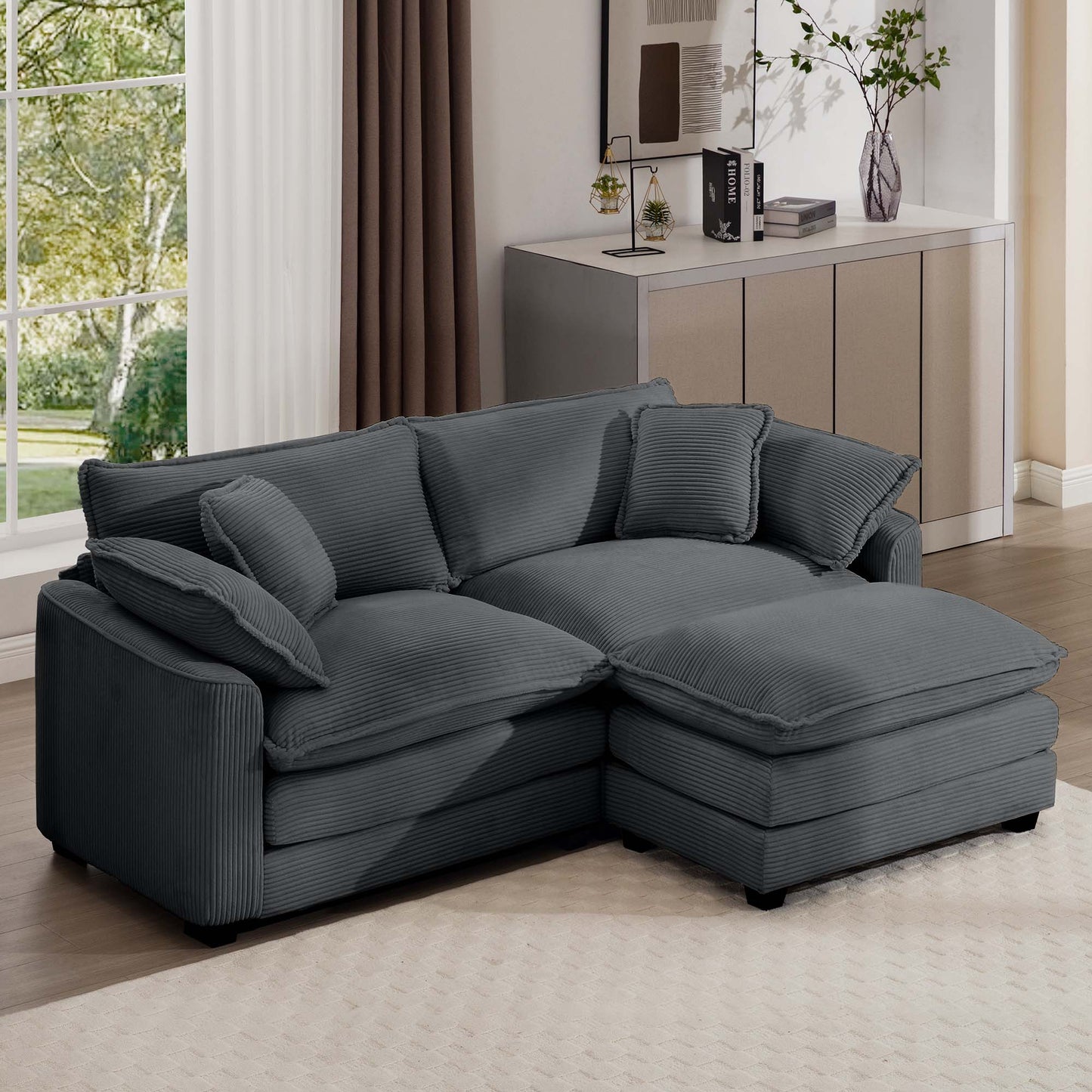 Dark gray corduroy sectional sofa with plush cushions perfect for a modern living room