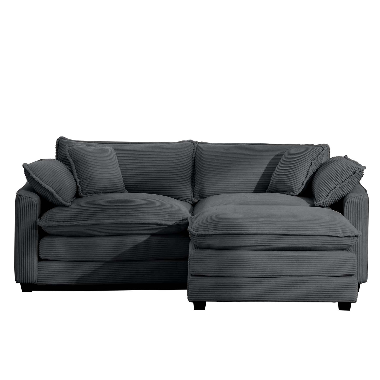 Dark grey corduroy sectional sofa with plush cushions and chaise lounge