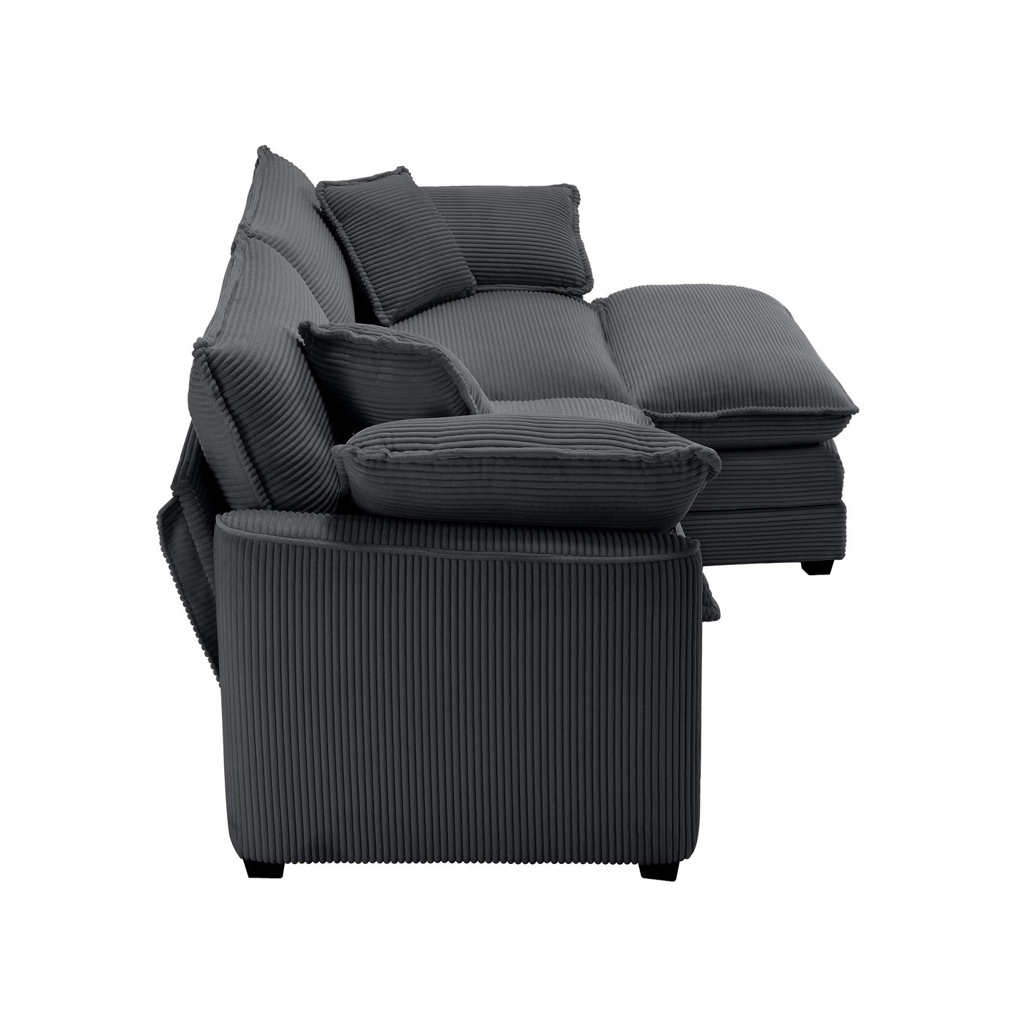 Dark gray corduroy sectional sofa with plush back cushions and square armrests