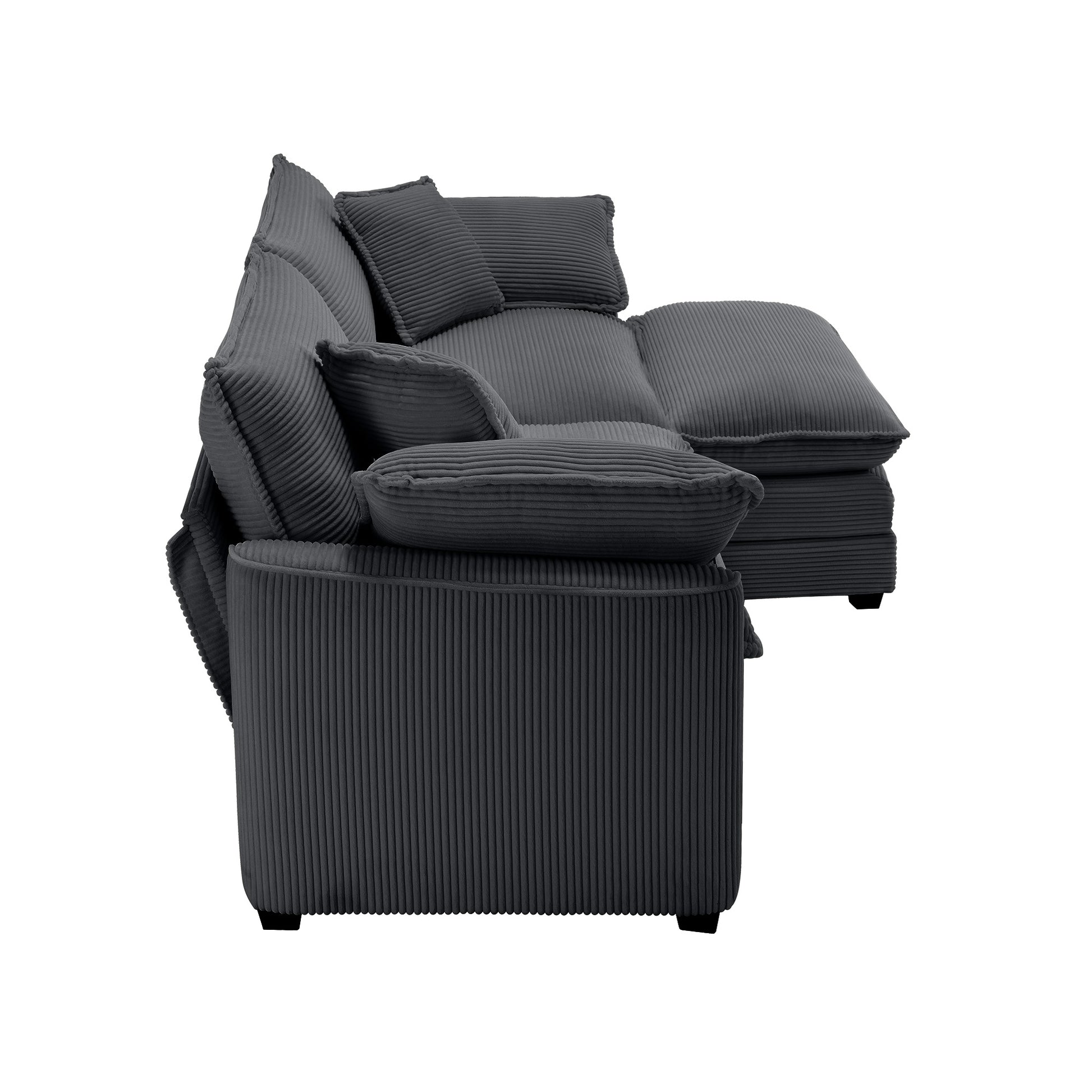 Dark gray corduroy sectional sofa with plush back cushions and square armrests