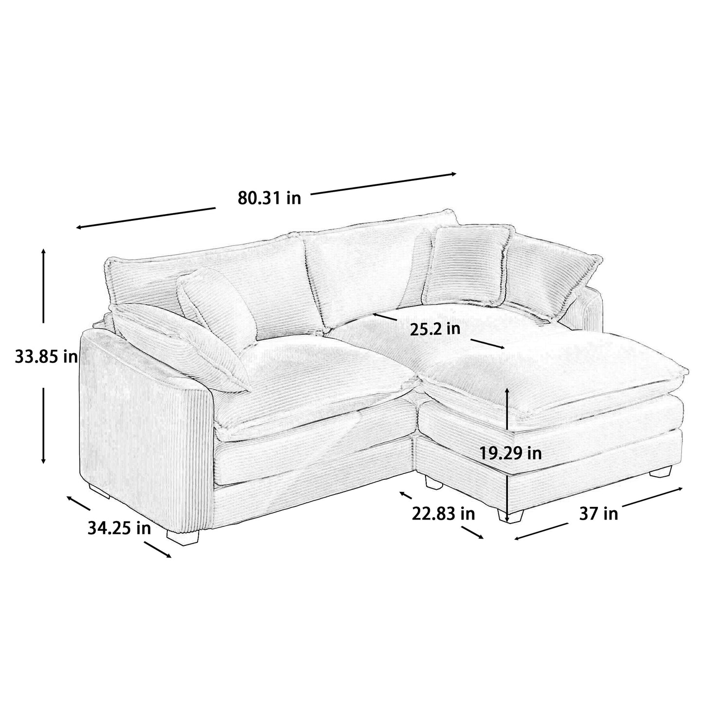 Sketch of a large sectional sofa with plush cushions and corduroy texture  inches long