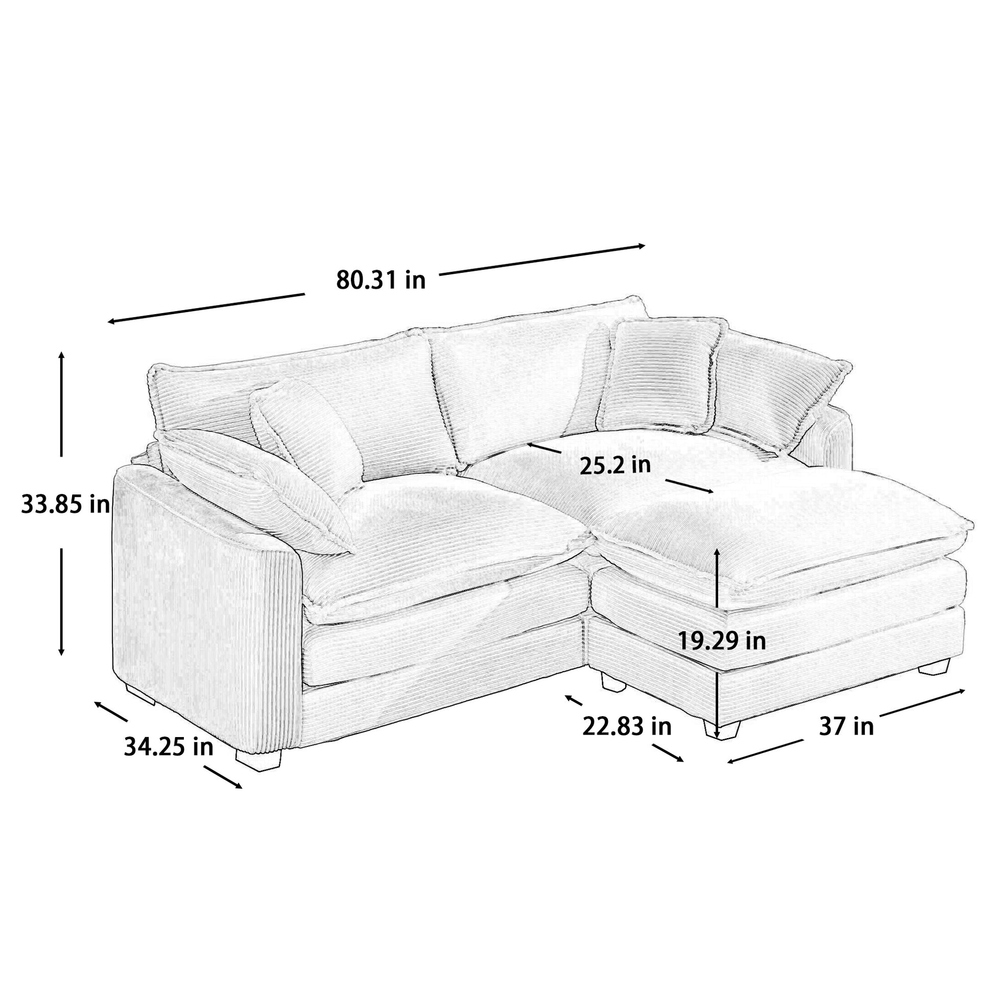 Sketch of a large sectional sofa with plush cushions and corduroy texture  inches long