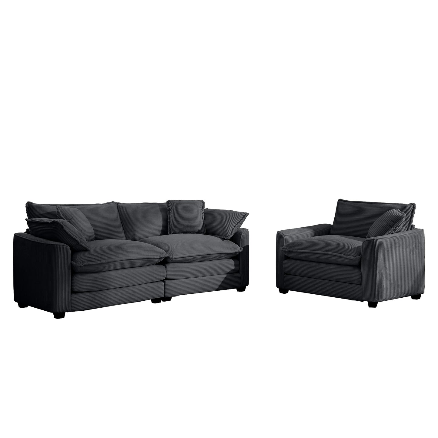 Dark gray corduroy sectional sofa and armchair with plush cushions for living room comfort