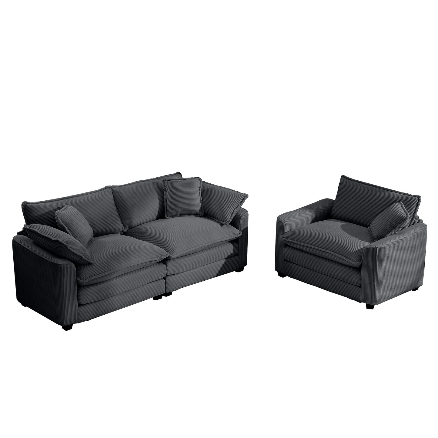 Dark gray corduroy sofa with plush cushions and matching accent pillows