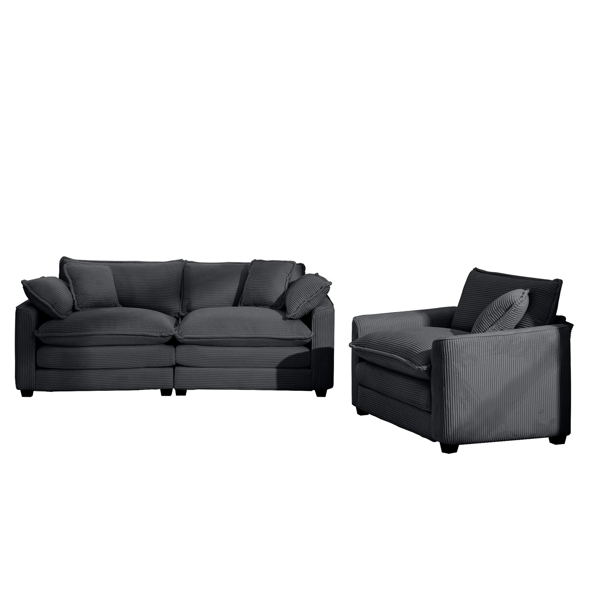Dark grey corduroy sofa and armchair set with plush cushions for a modern living room