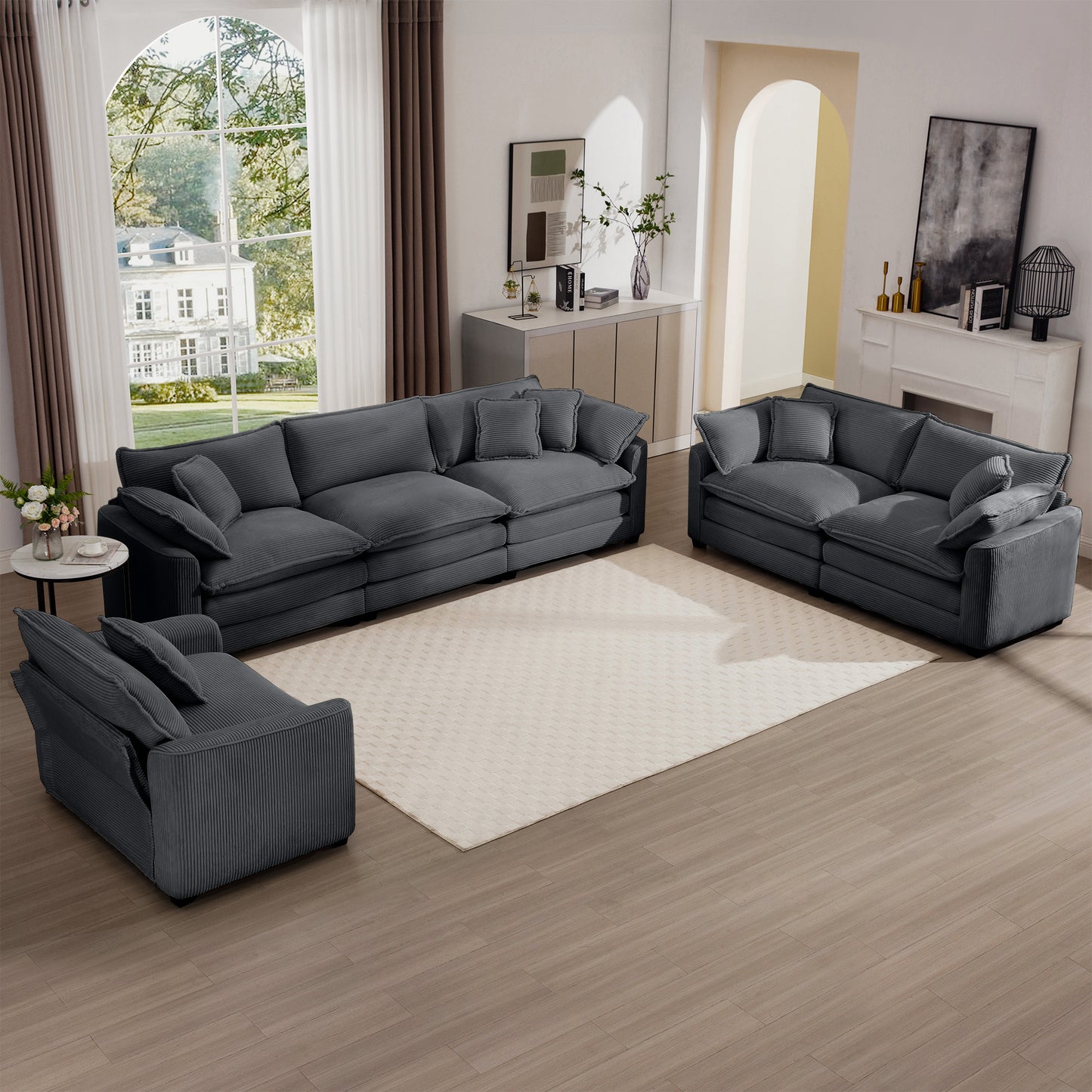 Dark gray corduroy sectional sofa with plush cushions perfect for modern living rooms