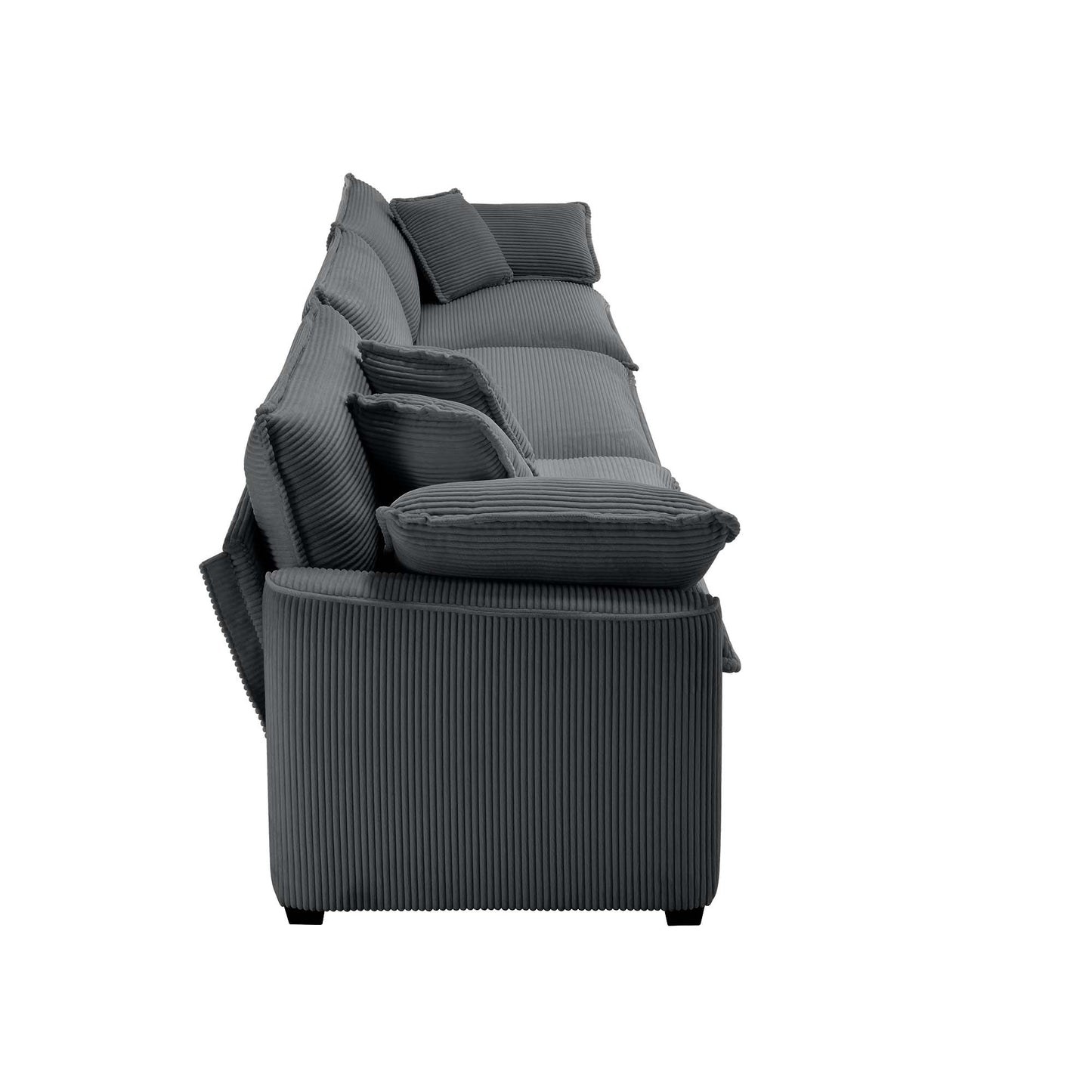 Dark gray corduroy sectional sofa with plush deep cushions and a modern low profile