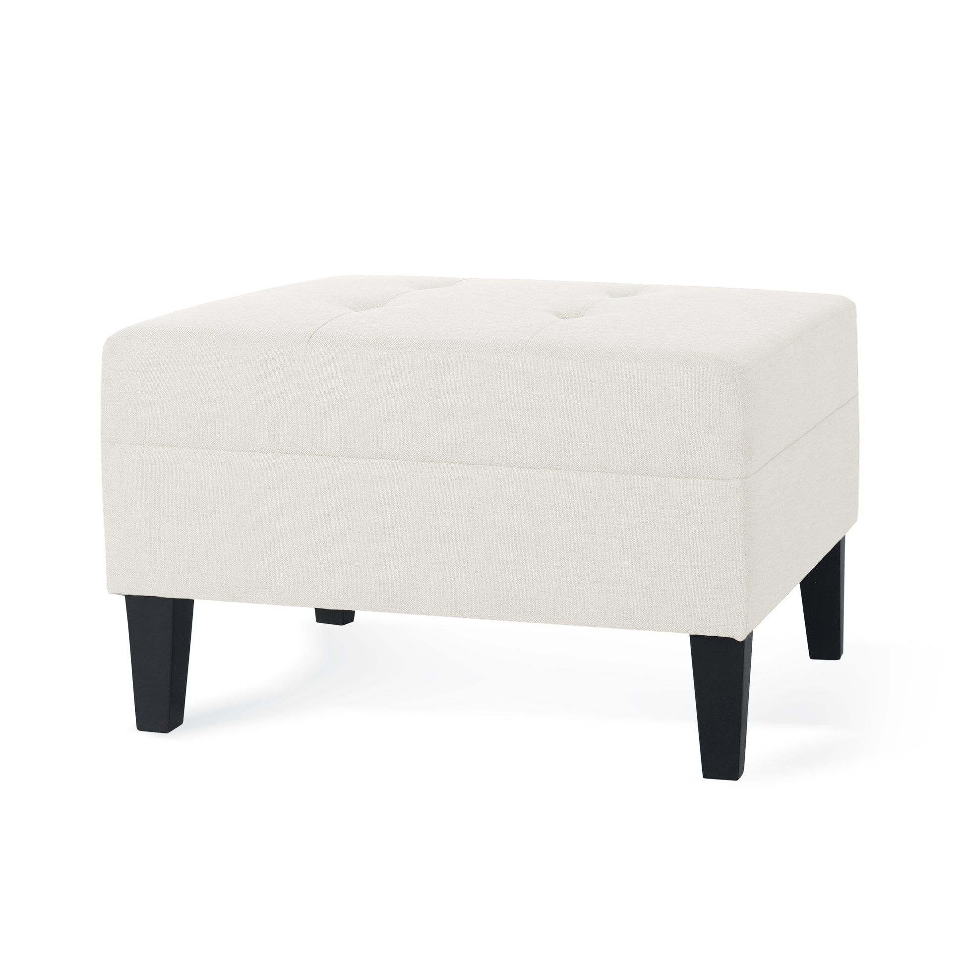 Tufted cream fabric ottoman with four black tapered legs