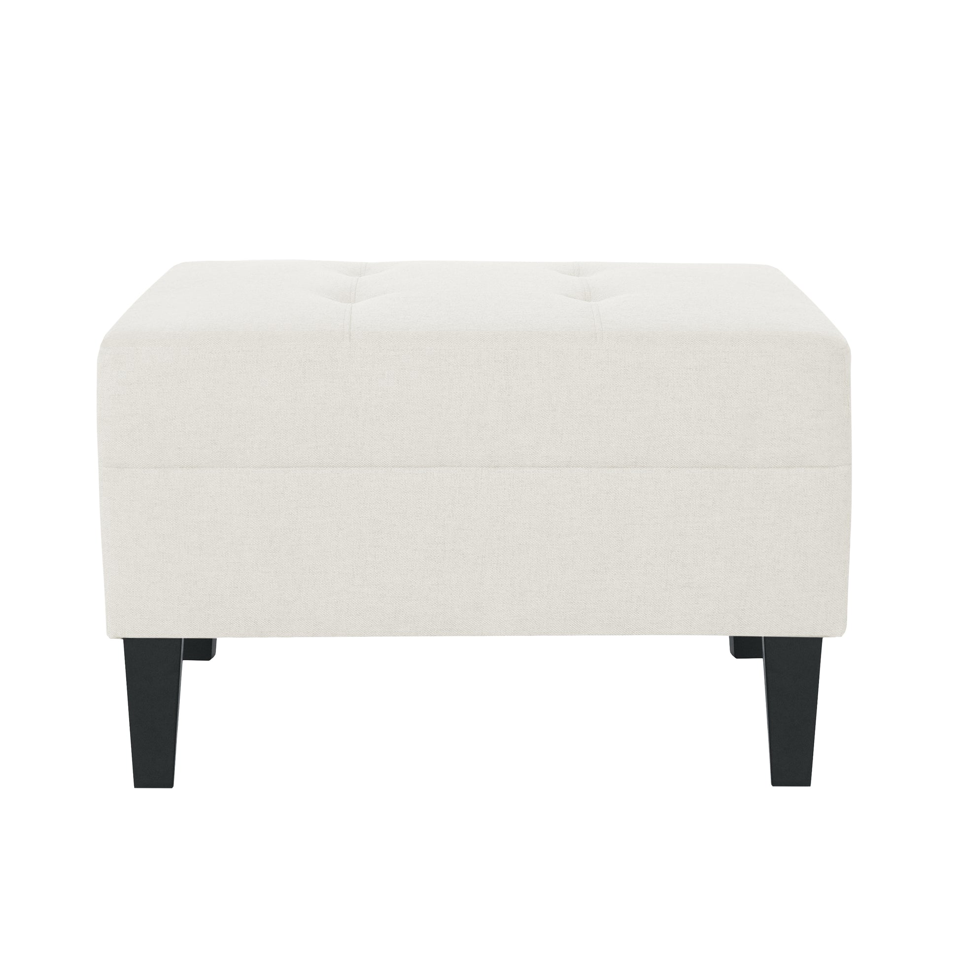 Tufted cream fabric ottoman with dark wooden legs ideal accent furniture
