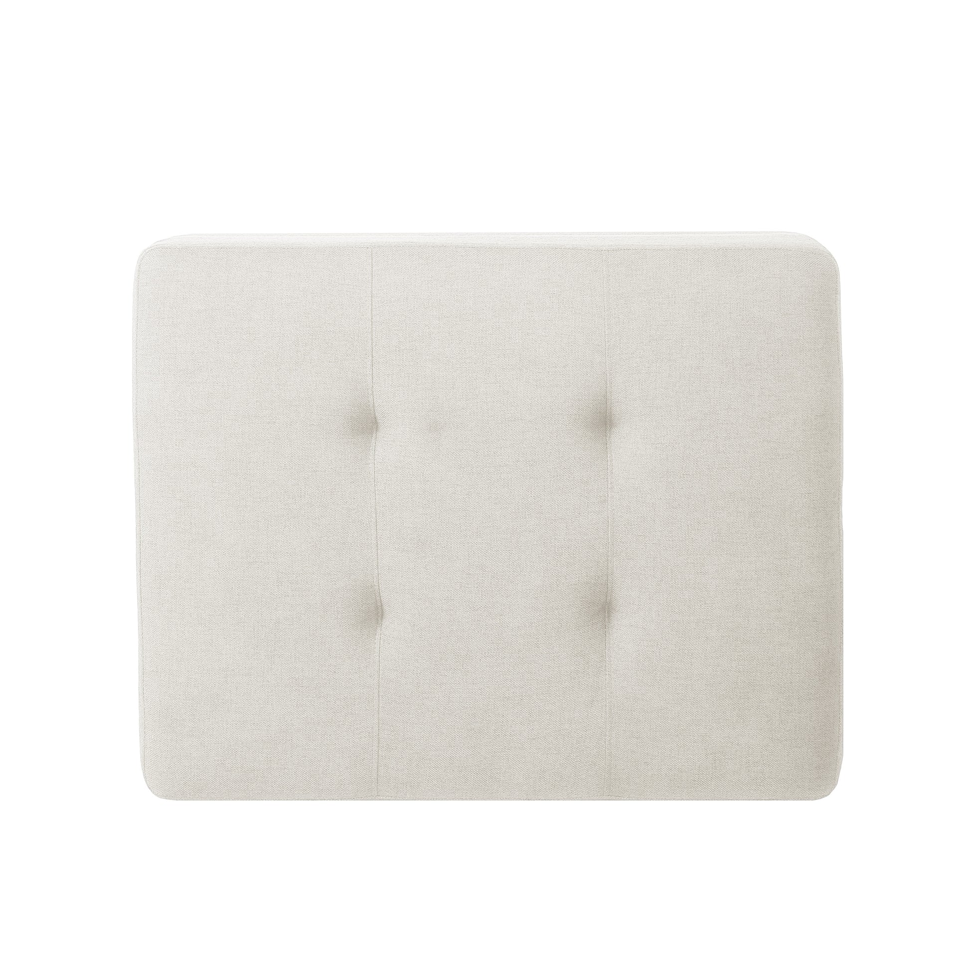 Tufted linen ottoman in a neutral cream color with a rectangular cushioned top