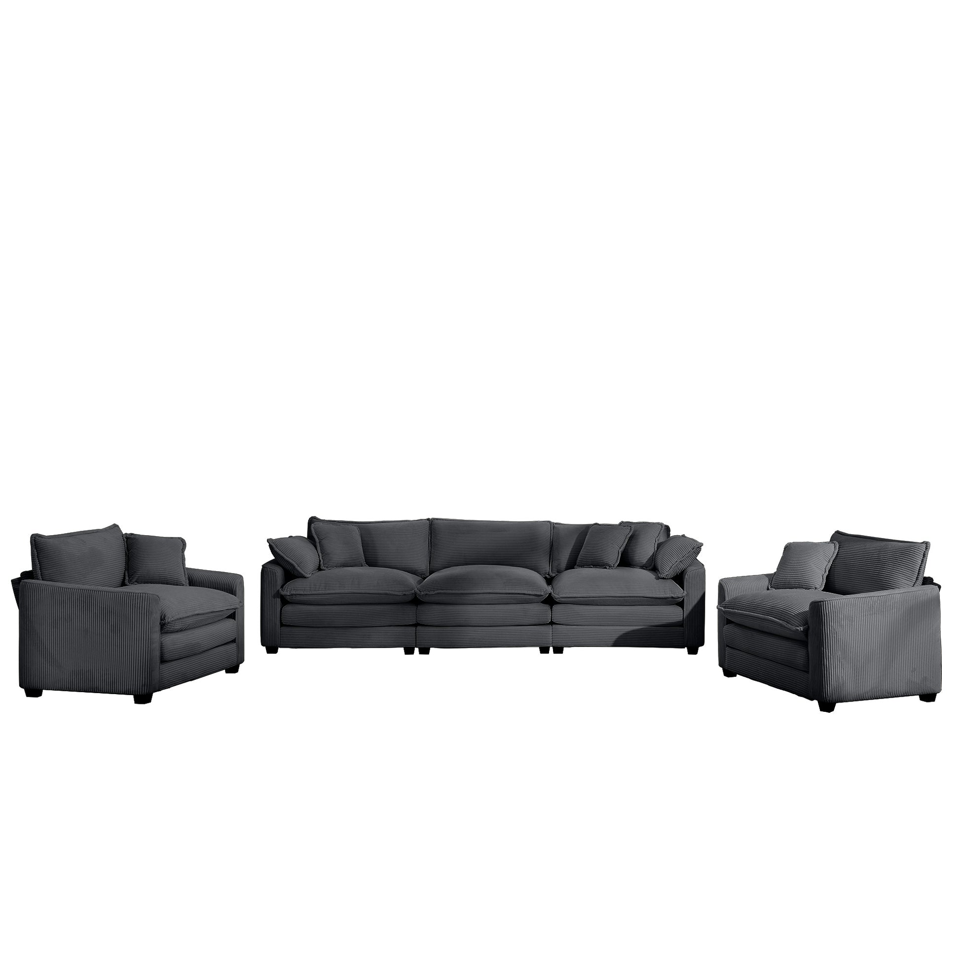 Charcoal grey corduroy sectional sofa with plush cushions and matching armchairs