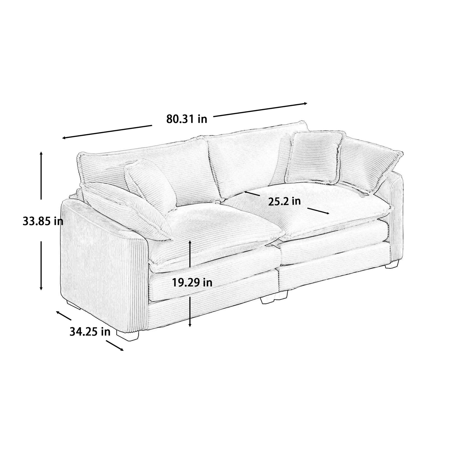 Sketch of a corduroy fabric sofa  inches wide with plush cushions for comfortable seating