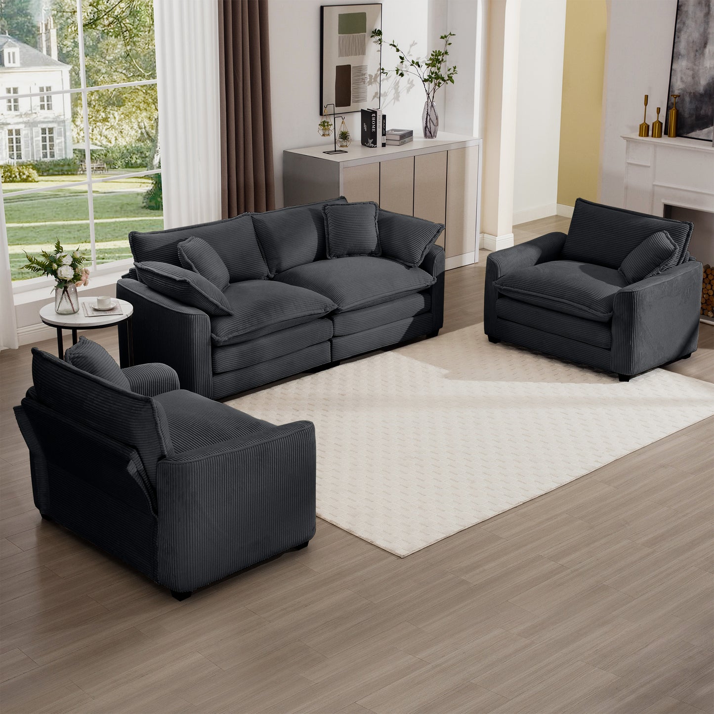 Dark grey corduroy sofa with plush cushions perfect for a cozy living room