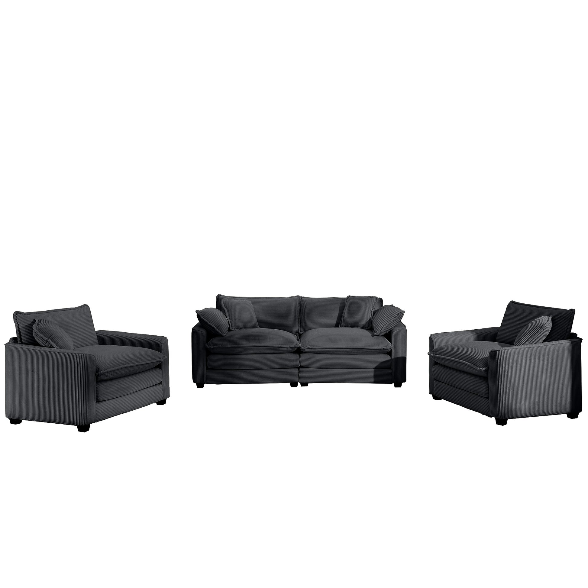 Dark gray corduroy sofa with plush cushions