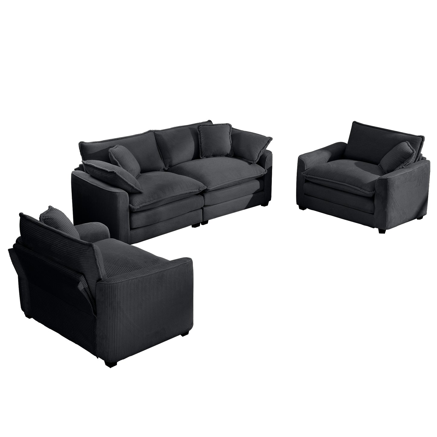 Dark gray corduroy sofa set with plush cushions for a comfortable living room