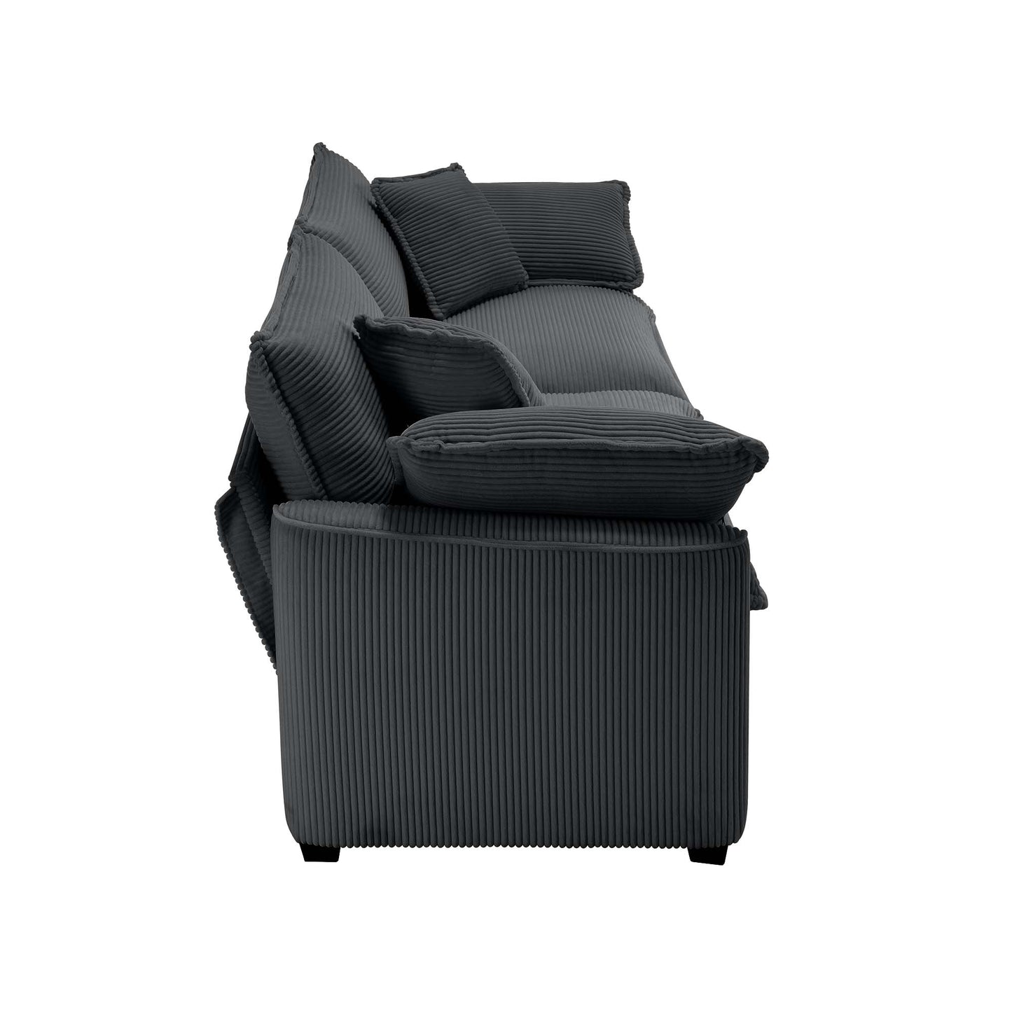 Plush dark gray corduroy sofa with multiple matching throw pillows perfect for a cozy living room