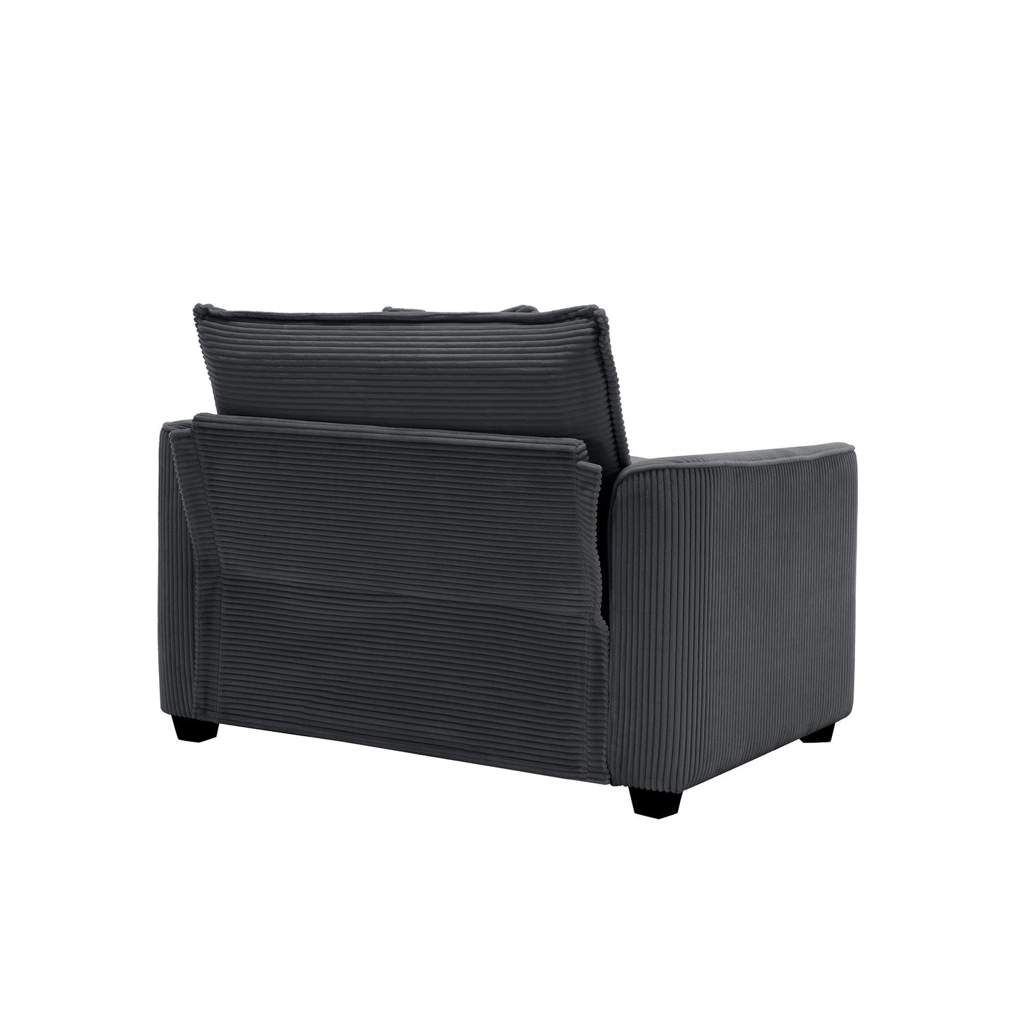 Dark grey corduroy accent chair viewed from the back