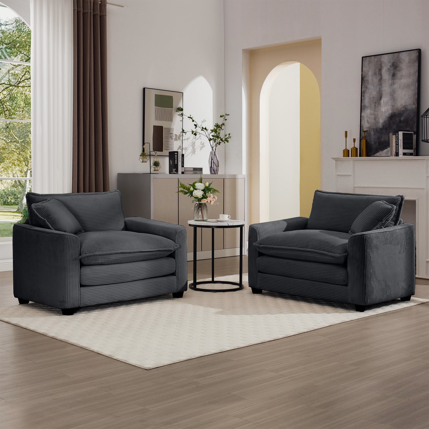 Plush charcoal corduroy accent chair with deep seating and lumbar pillow