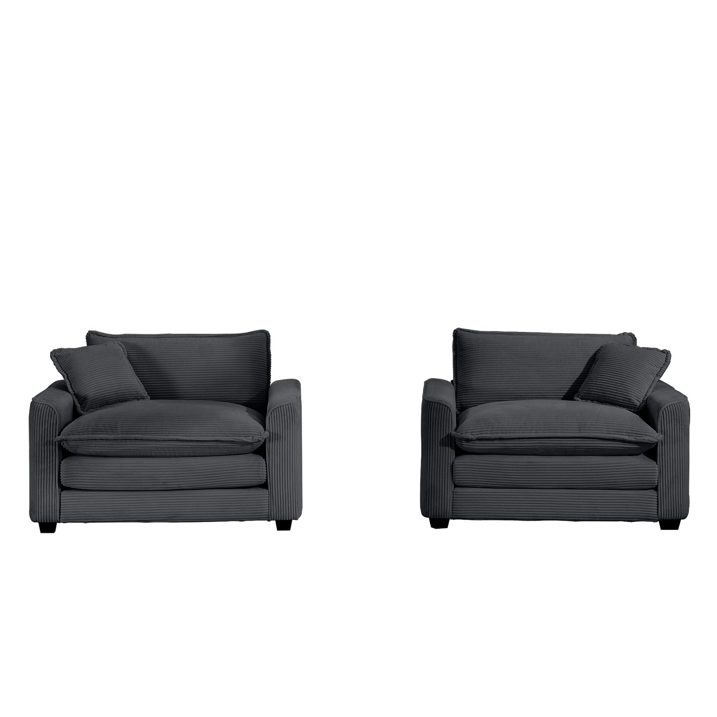 Two plush dark gray corduroy accent chairs with matching throw pillows