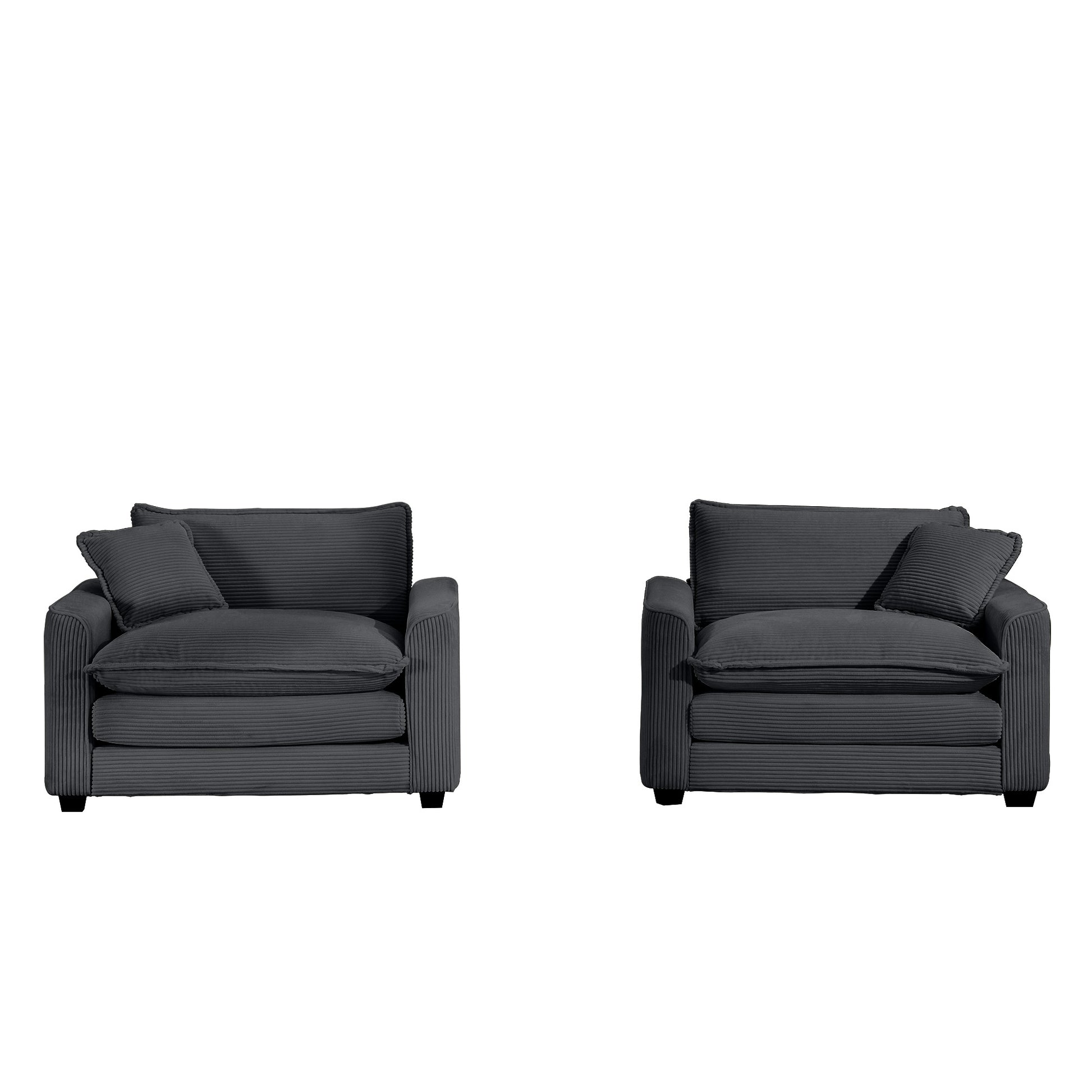 Two plush dark gray corduroy accent chairs with matching throw pillows