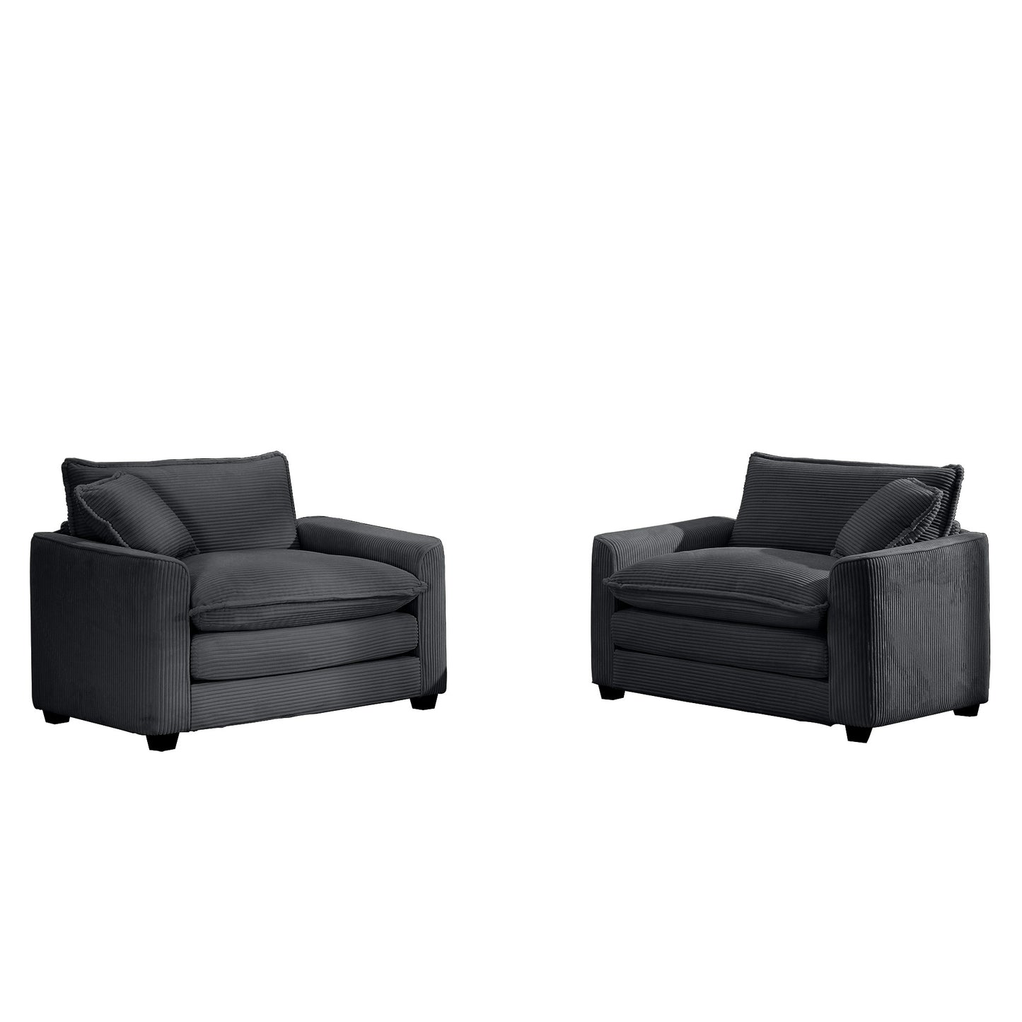 Two charcoal corduroy accent chairs with plush cushions and matching throw pillows for living room comfort