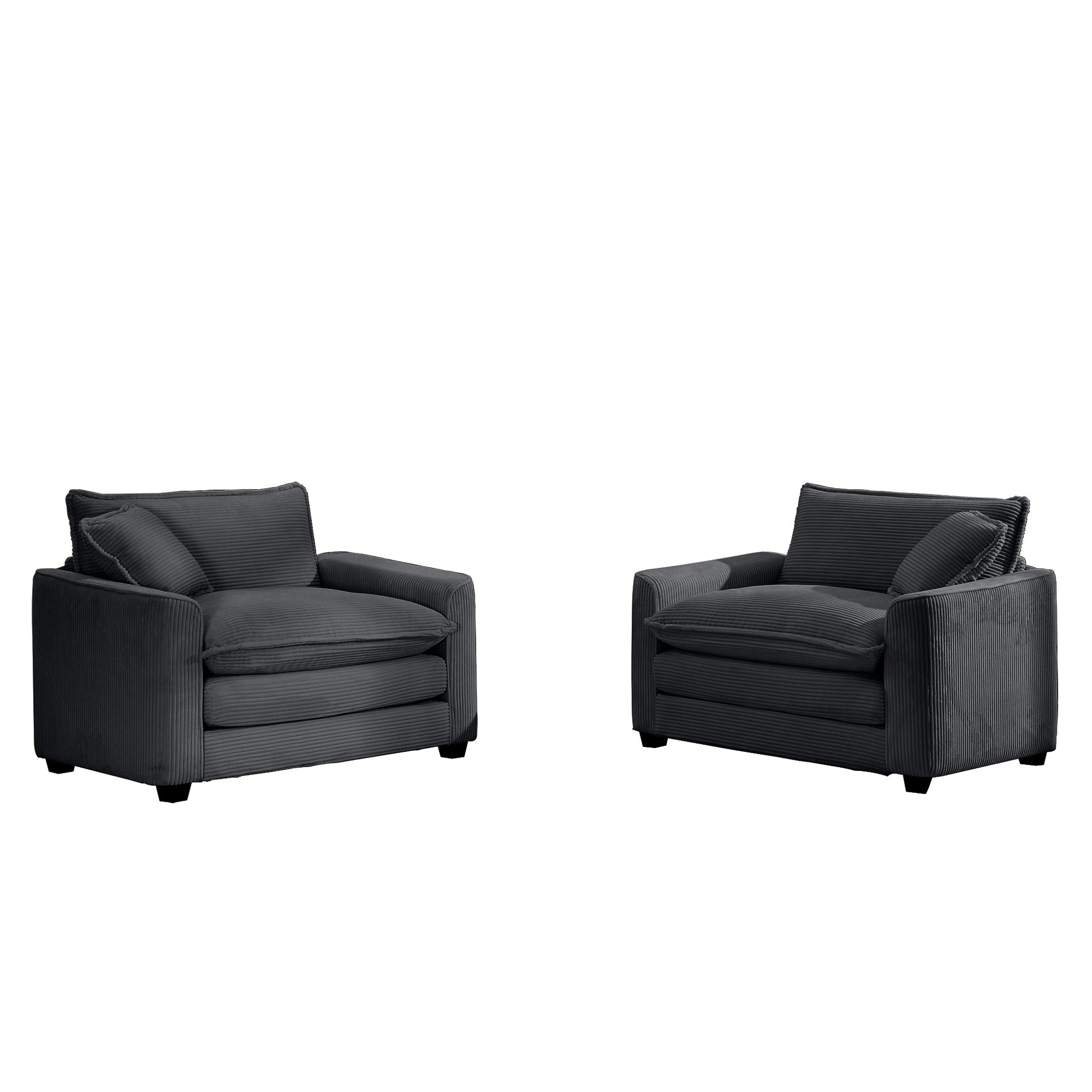 Two charcoal corduroy accent chairs with plush cushions and matching throw pillows for living room comfort