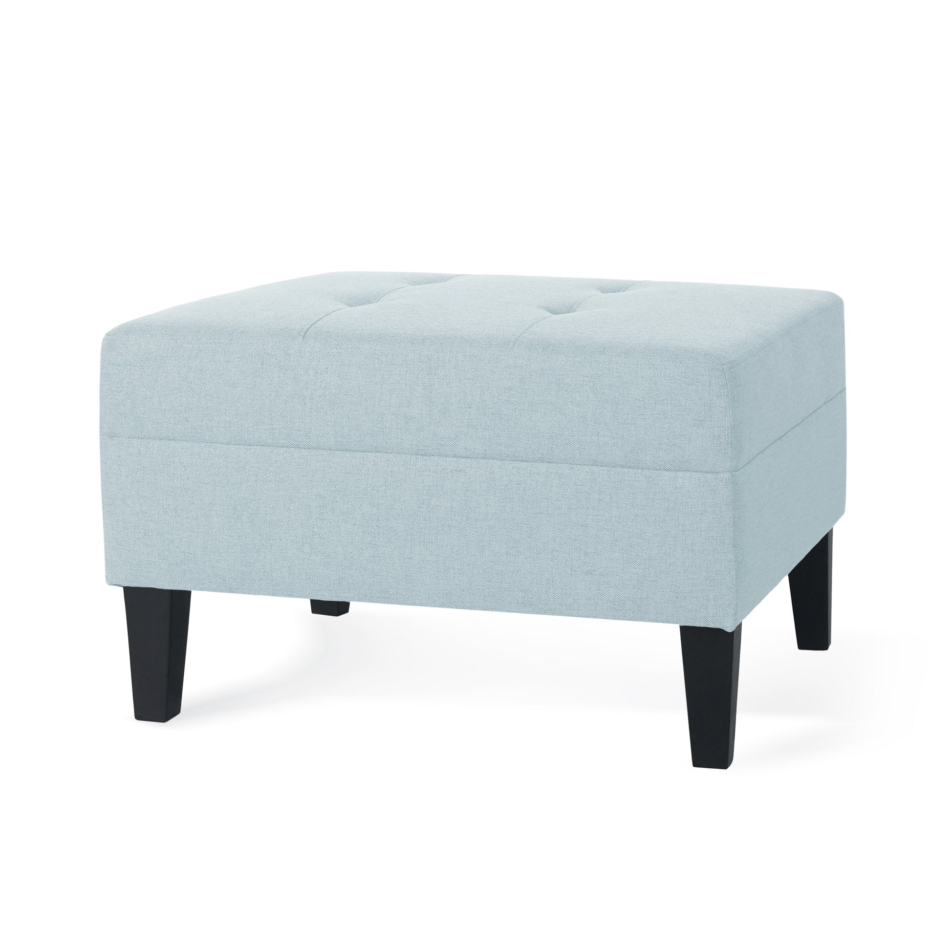 Light blue tufted fabric ottoman with dark wood legs perfect for living room