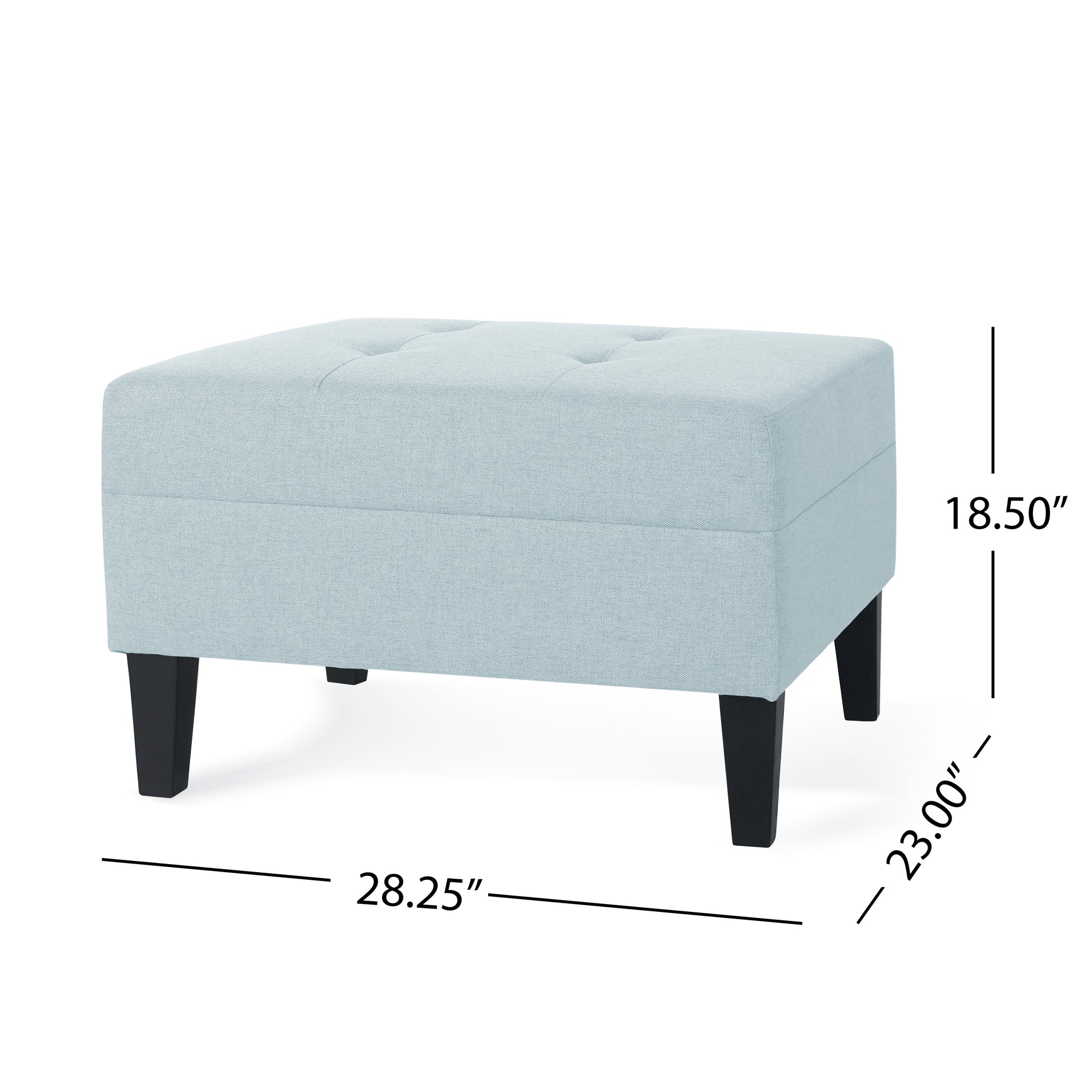 Light blue fabric upholstered ottoman with button tufting and black legs