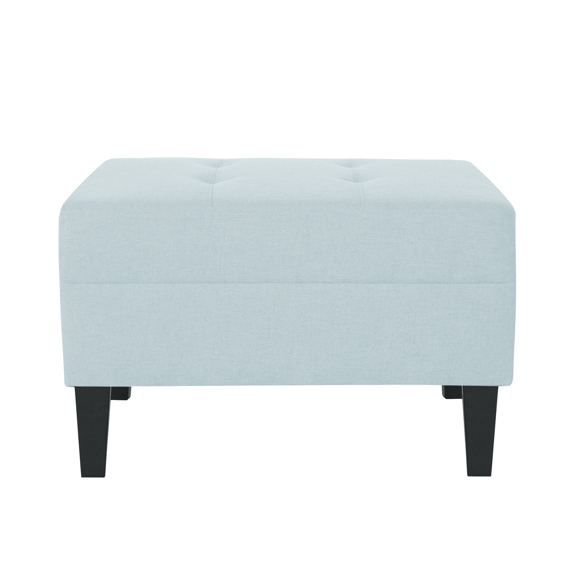 Light blue tufted fabric ottoman with black wooden legs a versatile accent piece