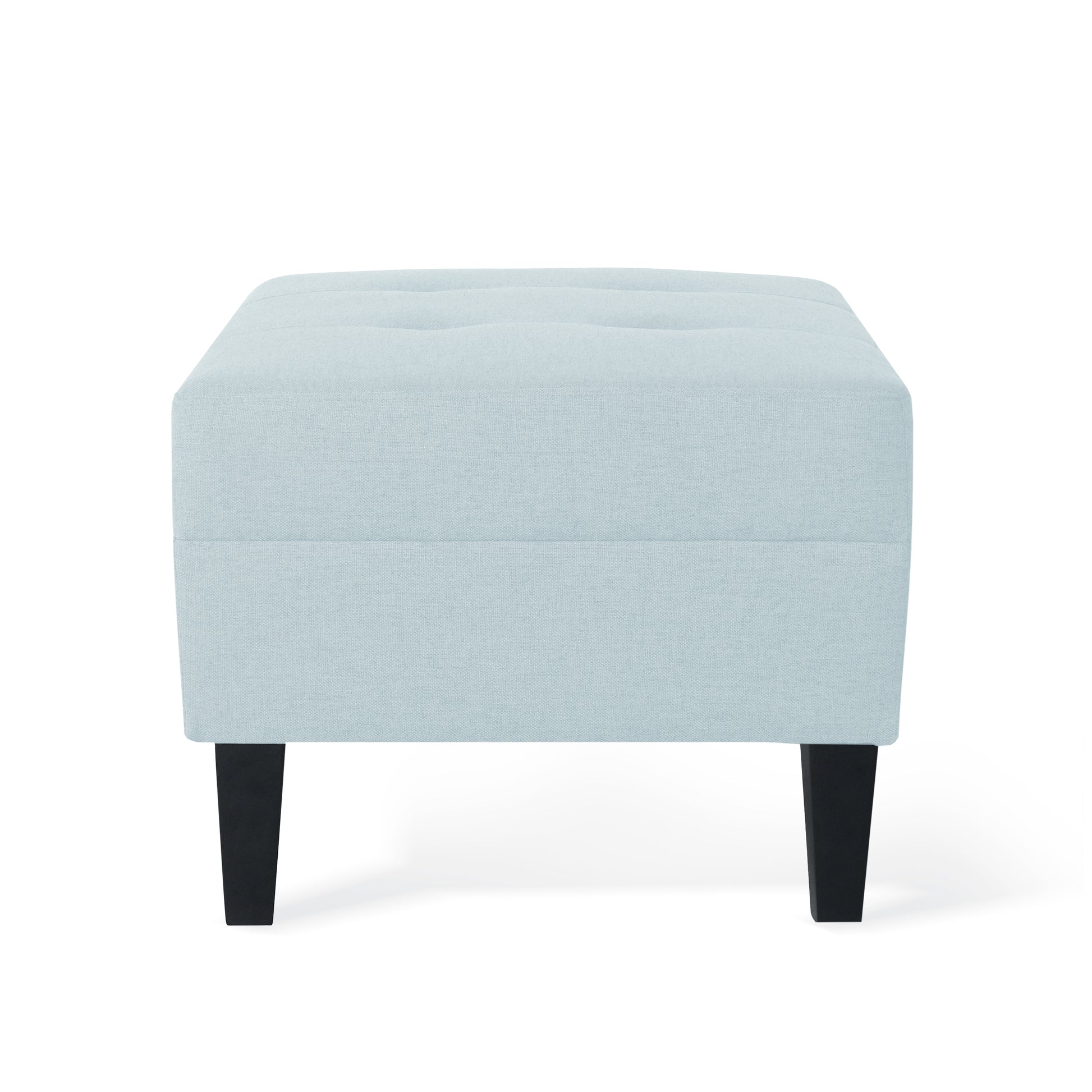 Light blue tufted fabric ottoman with black wooden legs perfect for footrest