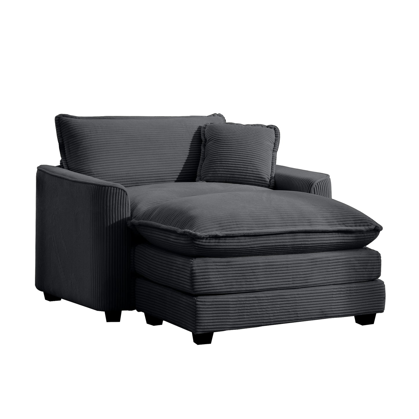 Dark gray corduroy chaise lounge with plush cushioning and a matching pillow