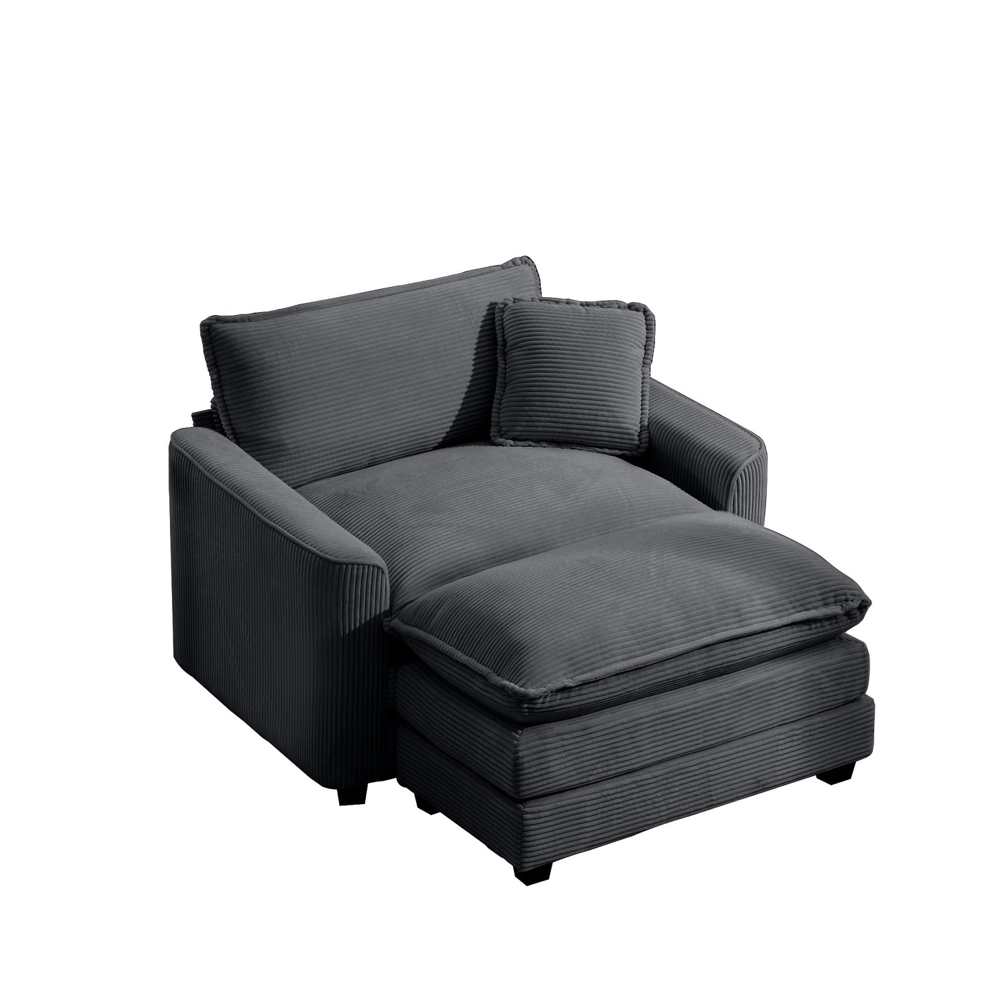 Dark gray corduroy armchair with ottoman plush seating and supportive backrest