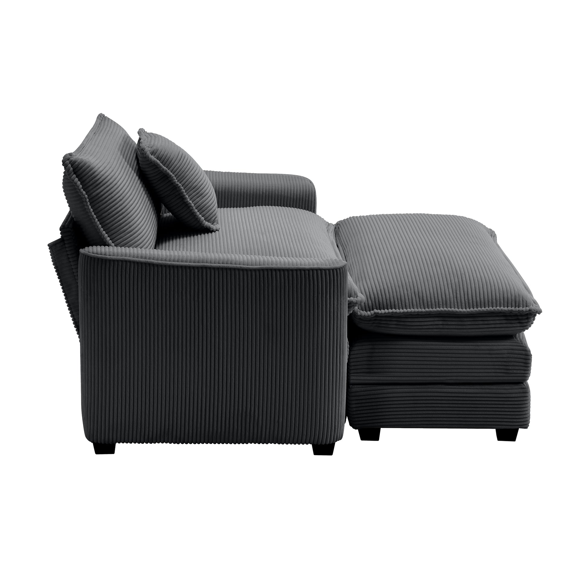 Dark gray corduroy sofa with two cushions and a matching ottoman perfect for modern living rooms
