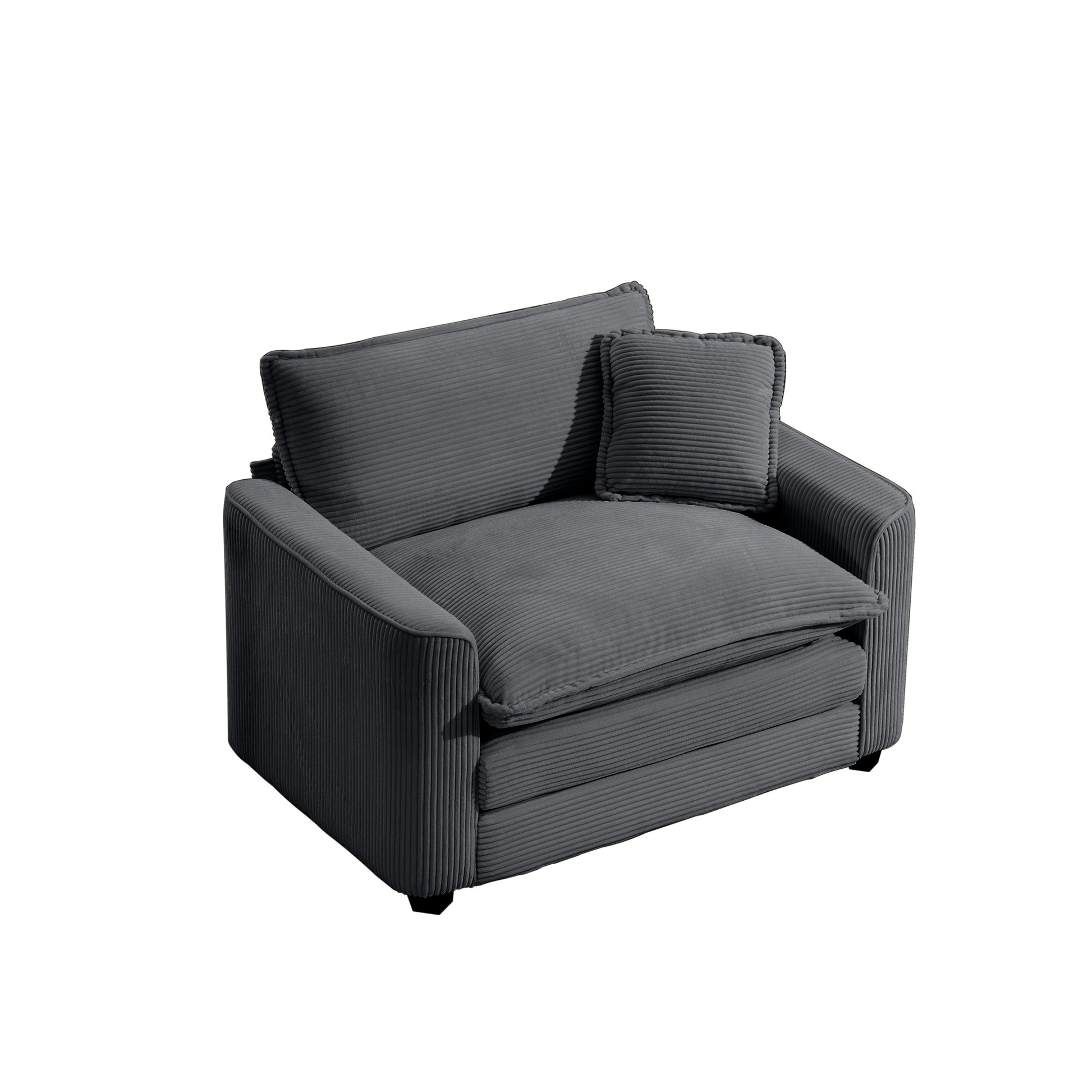 Plush grey corduroy armchair with deep seat and accent cushion perfect for cozy living rooms