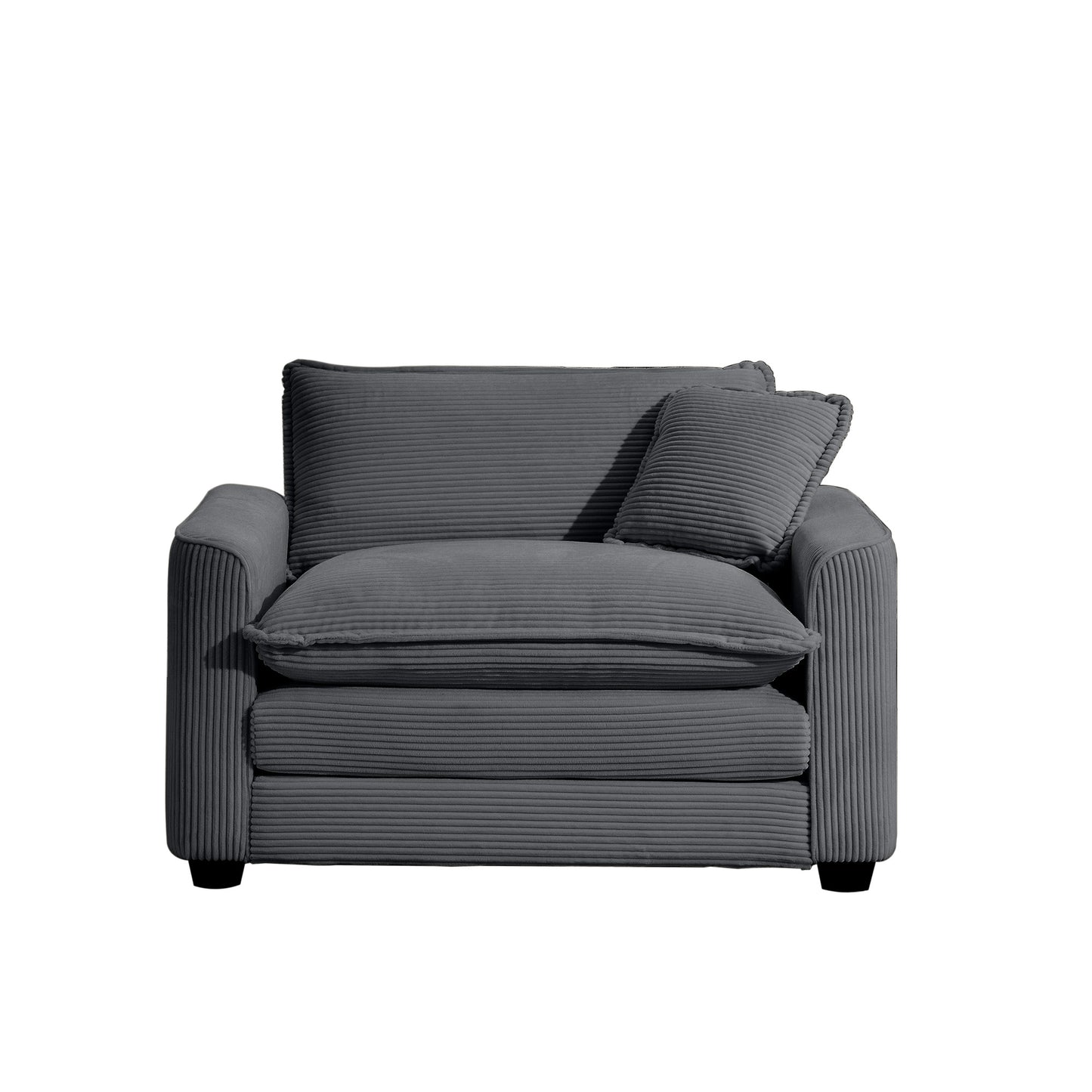 Plush grey corduroy armchair with two back cushions and one seat cushion for ultimate comfort