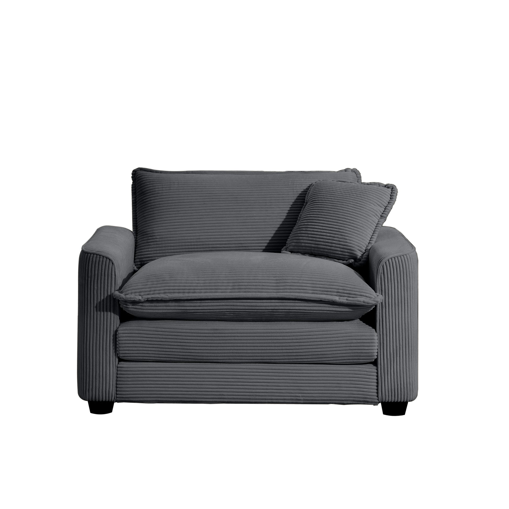 Plush grey corduroy armchair with two back cushions and one seat cushion for ultimate comfort