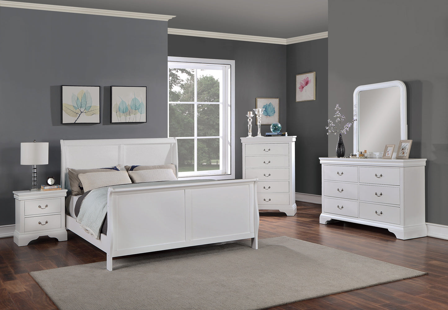 White wooden sleigh bed with upholstered headboard