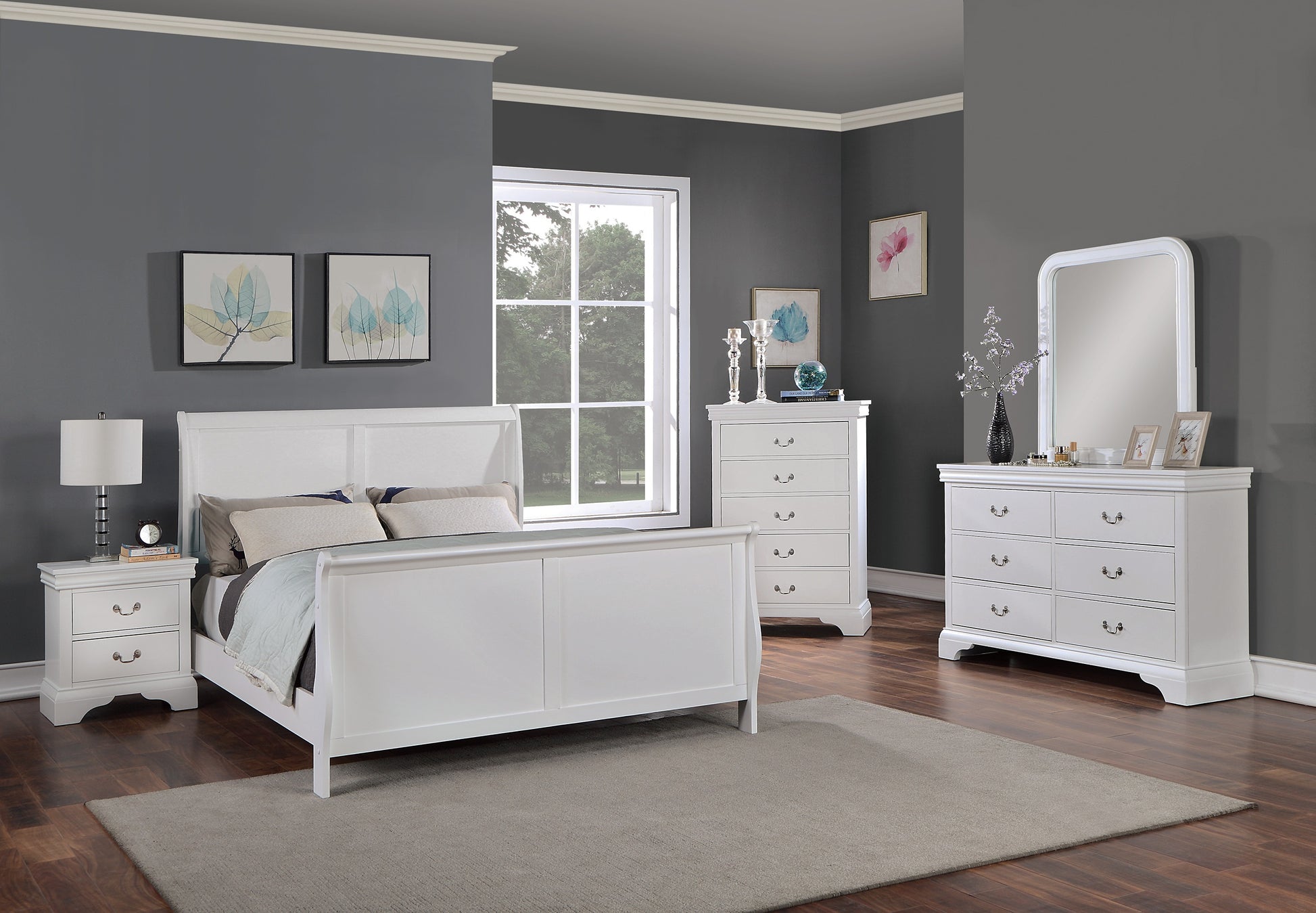 White wooden sleigh bed with upholstered headboard