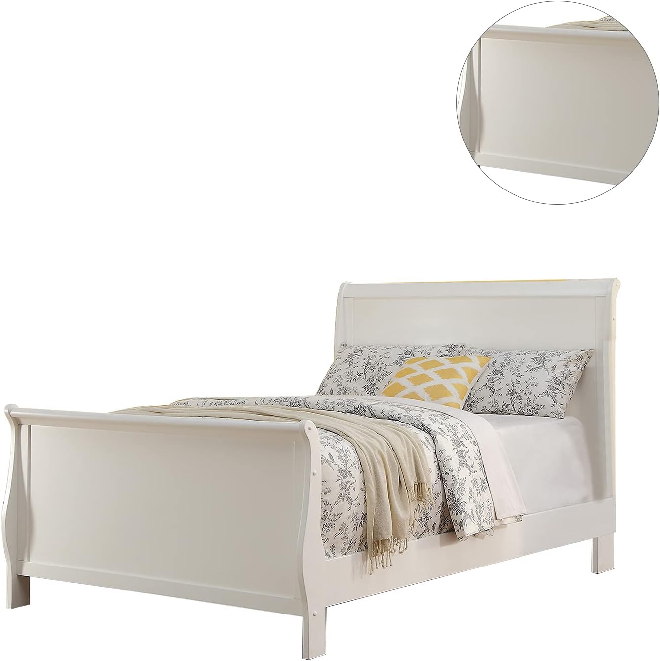 White sleigh bed frame with curved headboard and footboard