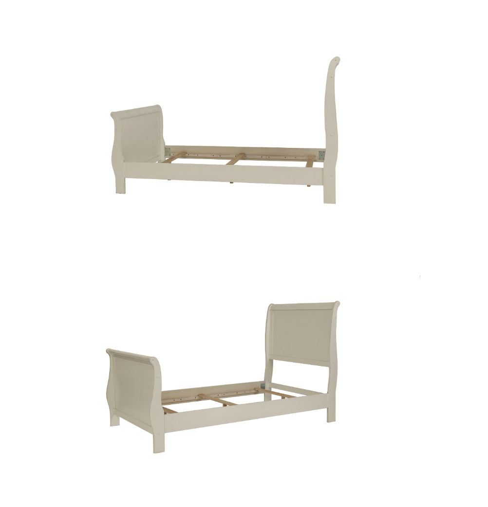 Cream sleigh bed frame with curved headboard and footboard